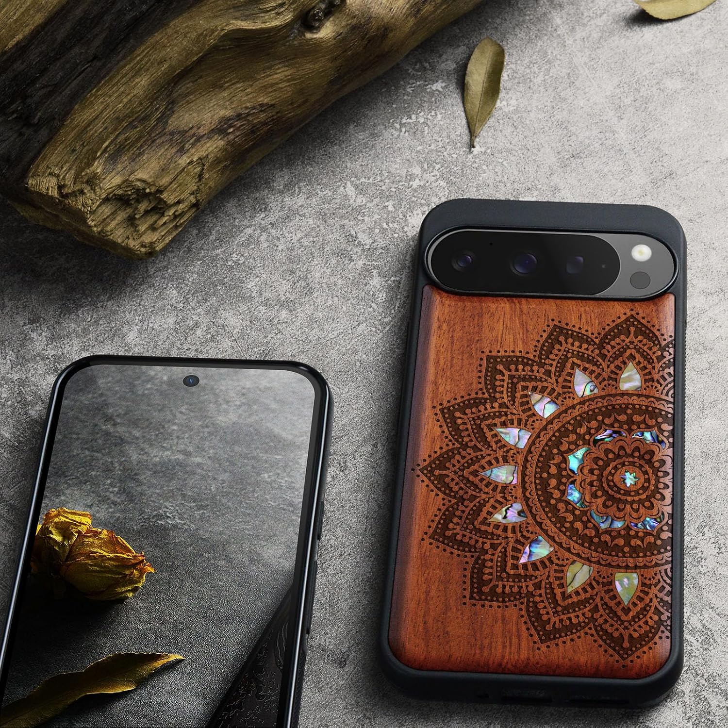 Carveit Magnetic Wooden Case for Pixel 9 Pro / 9 Pro Case, Wood Artisan Engraved & Handmade Shell Inlaid, Compatible with MagSafe Wireless Chargers, Mandala Art - Rosy