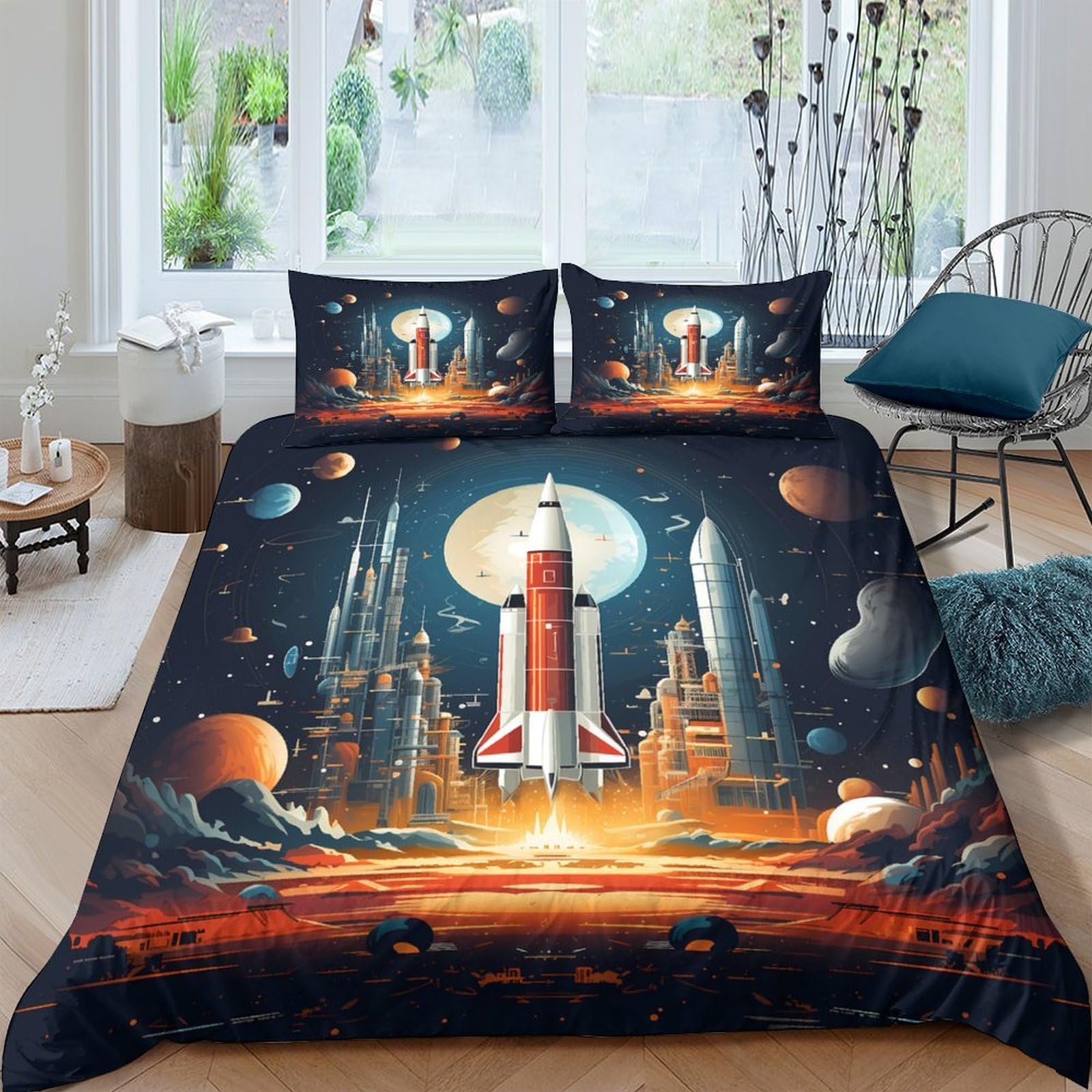 Ctjqhvkz Style-7 3D Printed Rocket Launch Fitted Sheet Microfiber Space Planet Mattress Cover For Bedroom Dorm Decorative Protection Single（135X200cm）