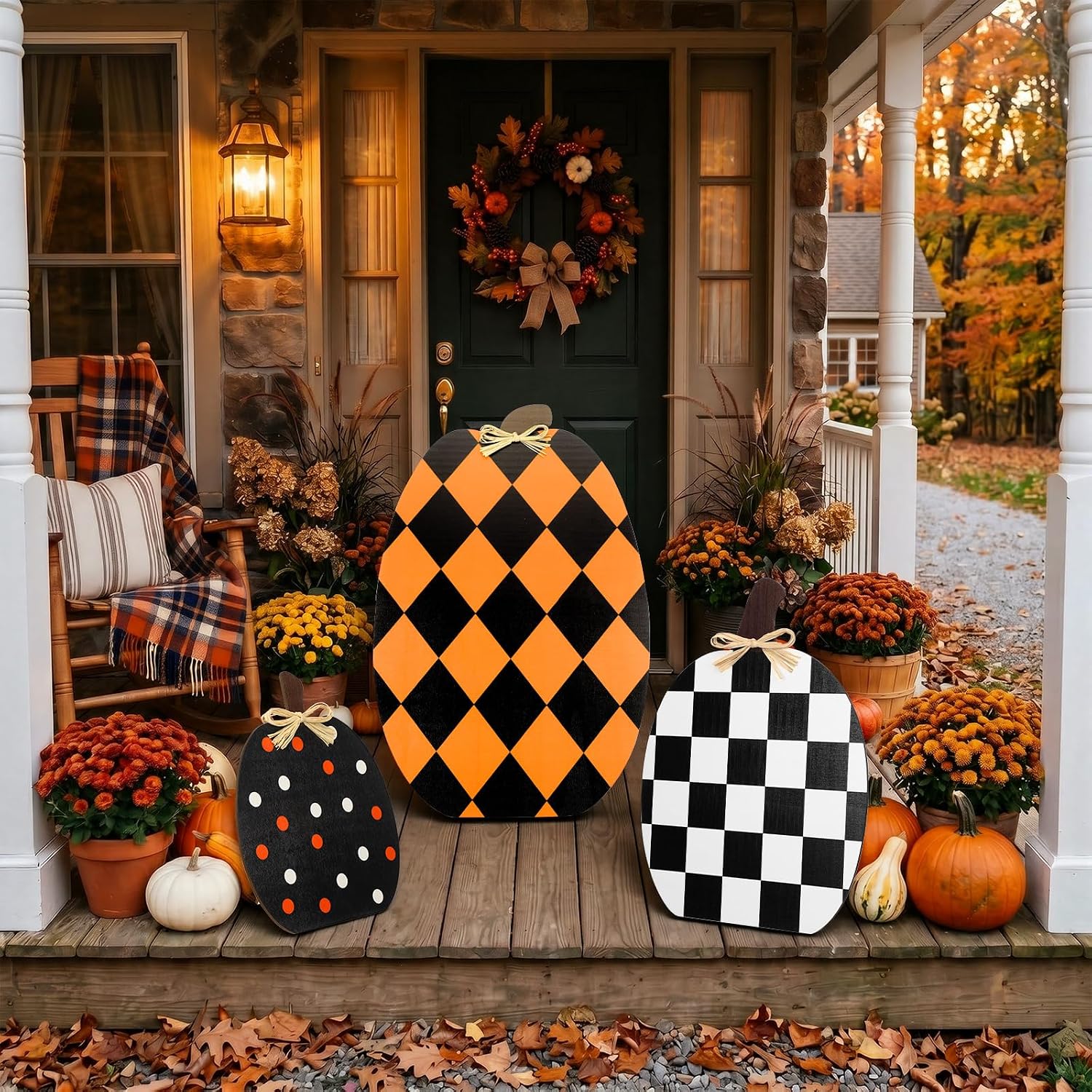 Amyhill 3 Pcs Wooden Checkered Pumpkins Decor Black and White Pumpkins 24''