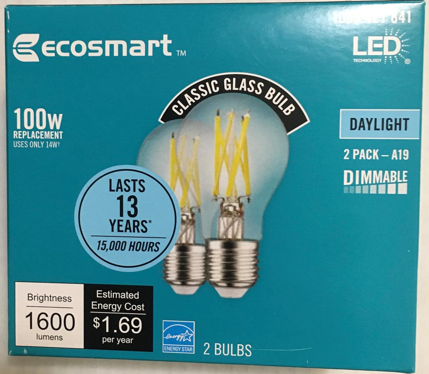 EcoSmart 100-Watt Equivalent A19 Dimmable Clear Filament Vintage Style LED Light Bulb, Daylight (2-Pack)