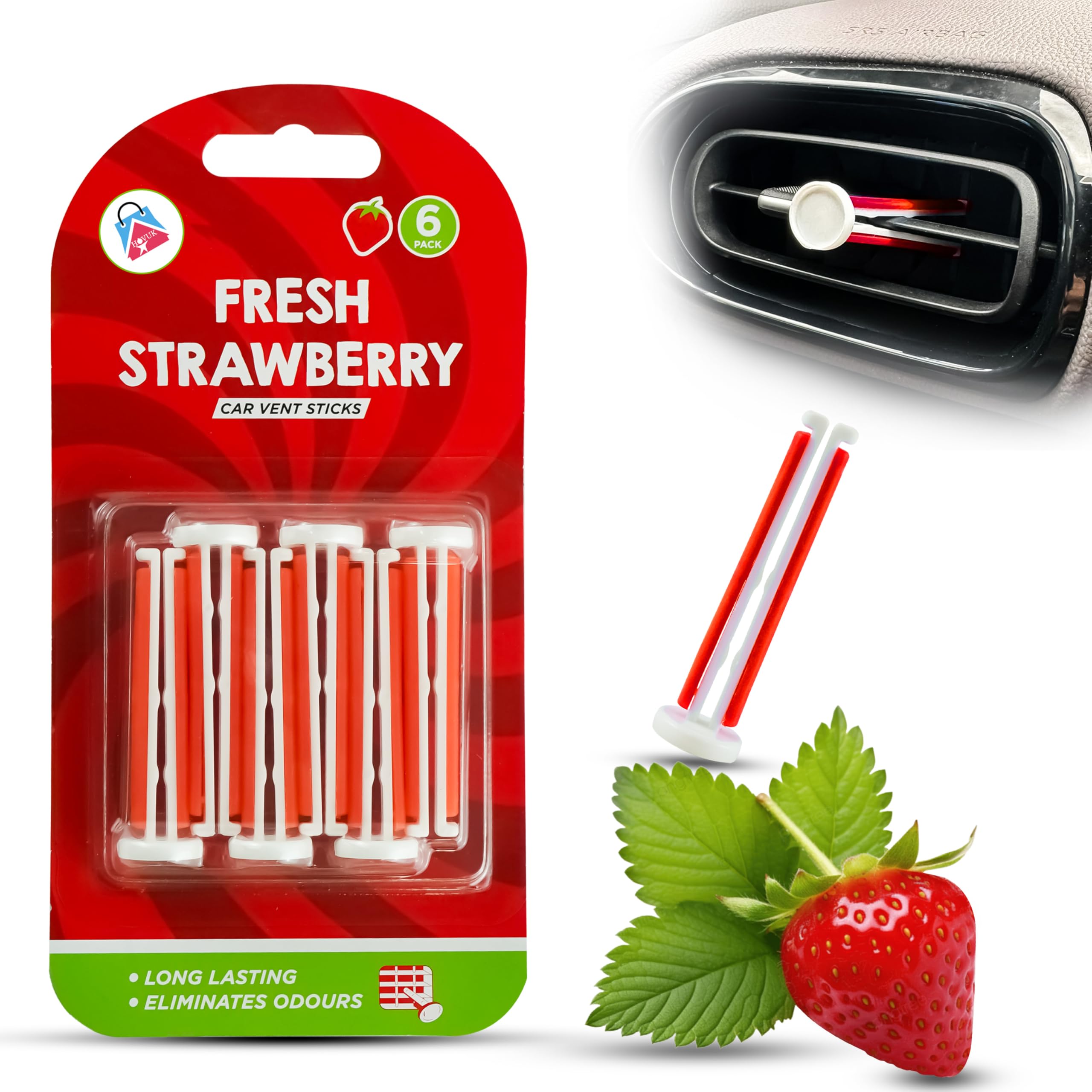 6Pk Fresh Strawberry Premium Car Vent Sticks, Compact Design, Cool Breeze Auto Vent Stick 6cm, Vent Sticks Car Air Freshener Scent