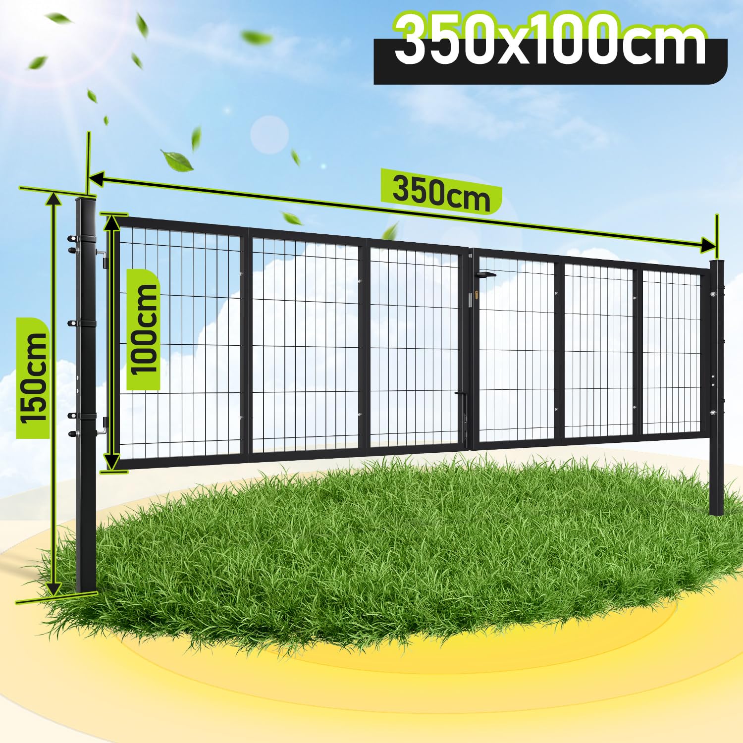 350 x 100 cm cancello da giardino, recinzione da giardino, doppia anta in acciaio zincato, con manico, serratura e 3 chiavi, robusto cancello da giardino, antracite