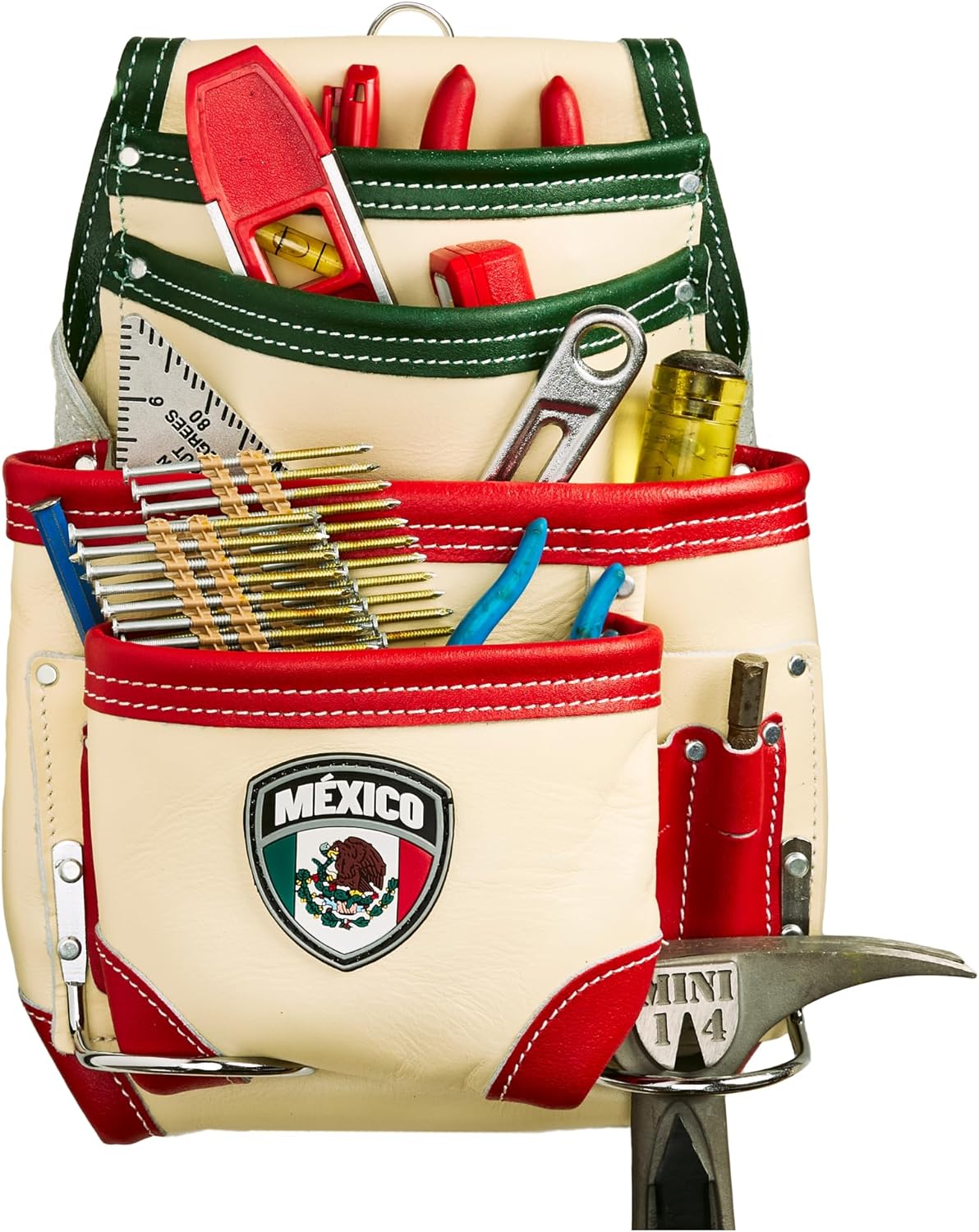 FESA Leather Carpenter Tool Pouch - 10-Pocket Heavy Top Grain Leather Carpenter Pouch with 2 Hammer Loops, Large & Small Pockets - Fits Work Belts up to 3" - Handcrafted - Country-Themed