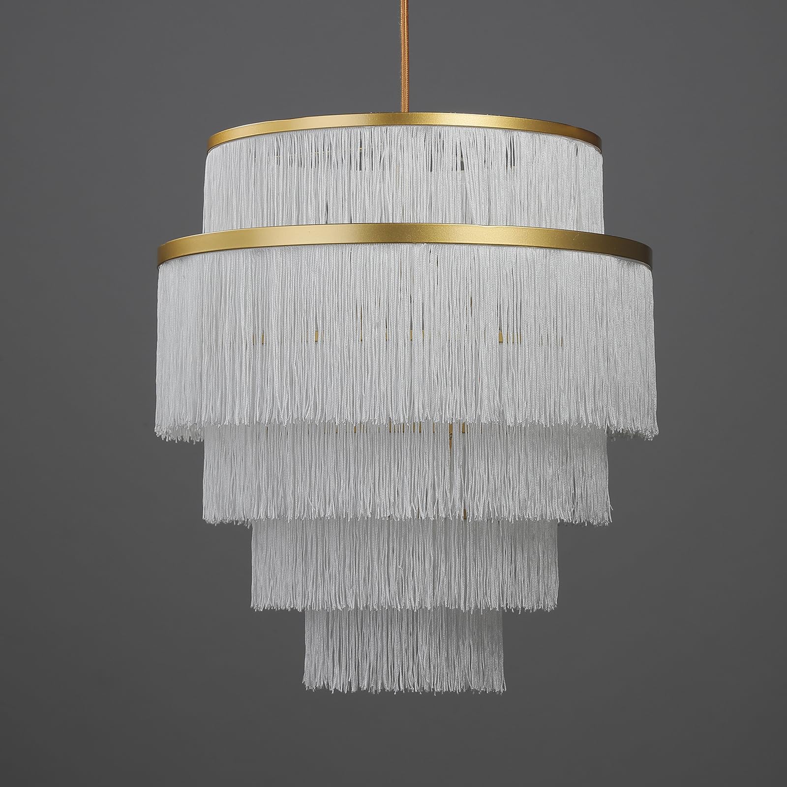5-Tiered Boho Chandelier with Metal and White Fringe,3 Lights Fringe Pendant Light Fixture,Tassle Chandelier for entryway,Dining Room,Baby Nursery,Gold and White