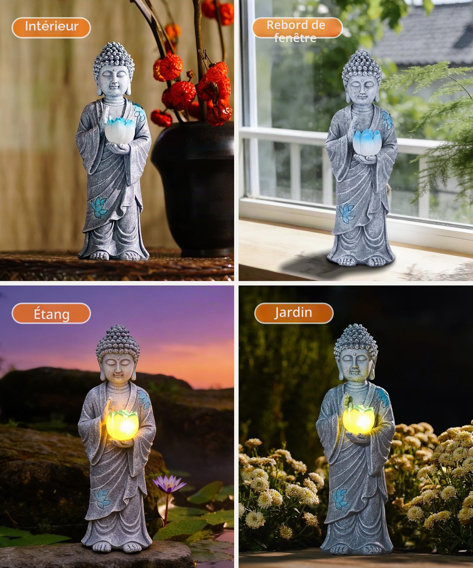 Goodeco Statue de Bouddha solaire avec lumières de lotus bleues – Décoration de jardin zen debout pour terrasse, cour, balcon, décoration de jardin – Cadeaux pour homme et femme – Gris méditation