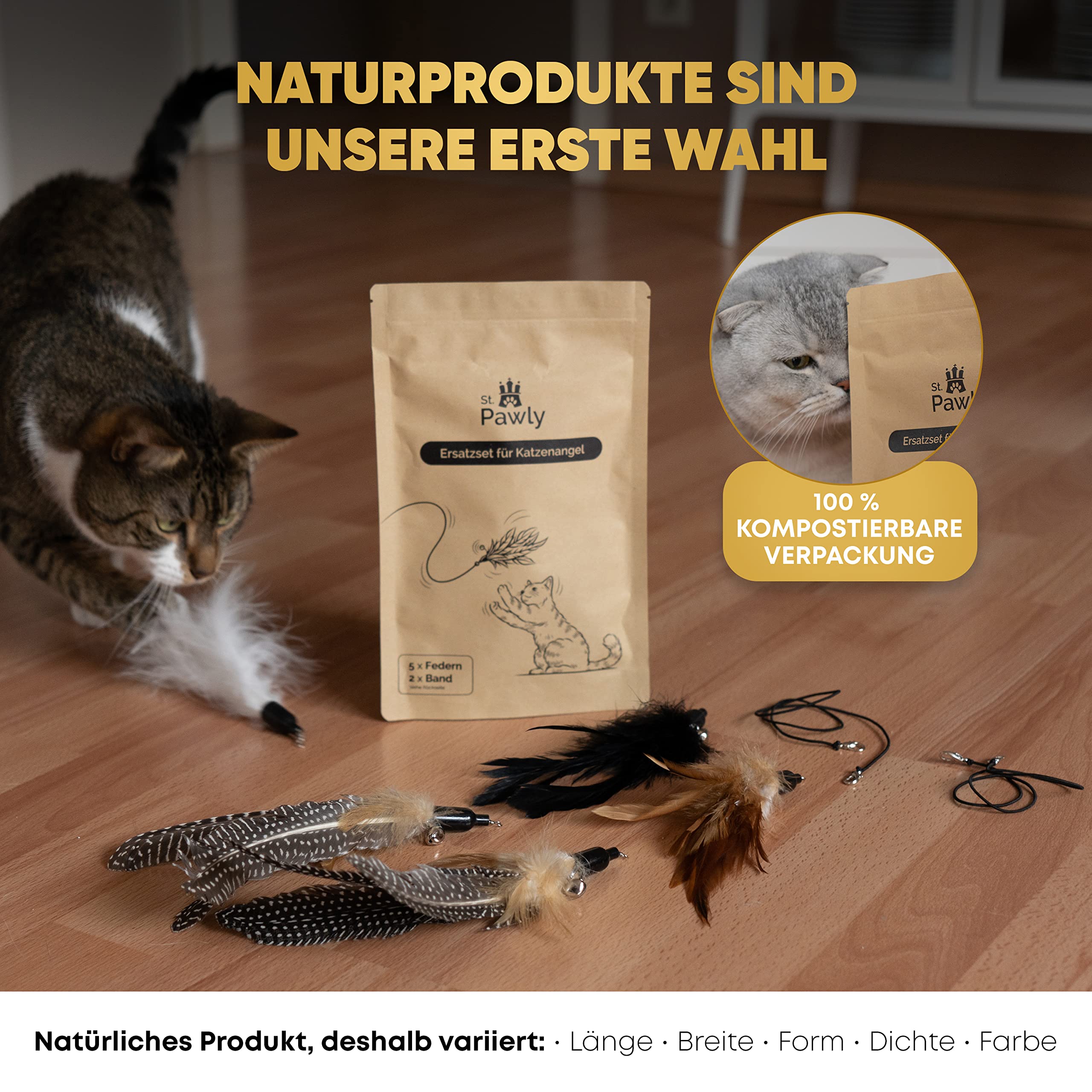 ST.PAWLY® Ersatzset für Katzenangel - Katzenspielzeug - austauschbare Anhänger - Ersatzbänder - nachhaltiges Spielzeug für Katzen - Federspielzeug für Katzen