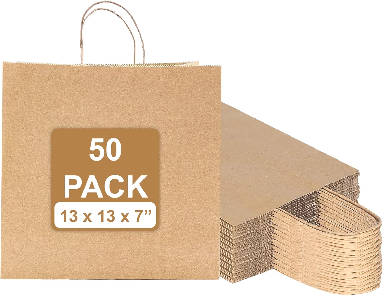 Excellent 50 Pack Brown Paper Bags with Handles -13x13x7 inches Kraft Paper Bags for Grocery, Shopping, Retail Stores - Paper Tote Bags for Small Businesses - Gift Bags for Birthday, Party, Wedding