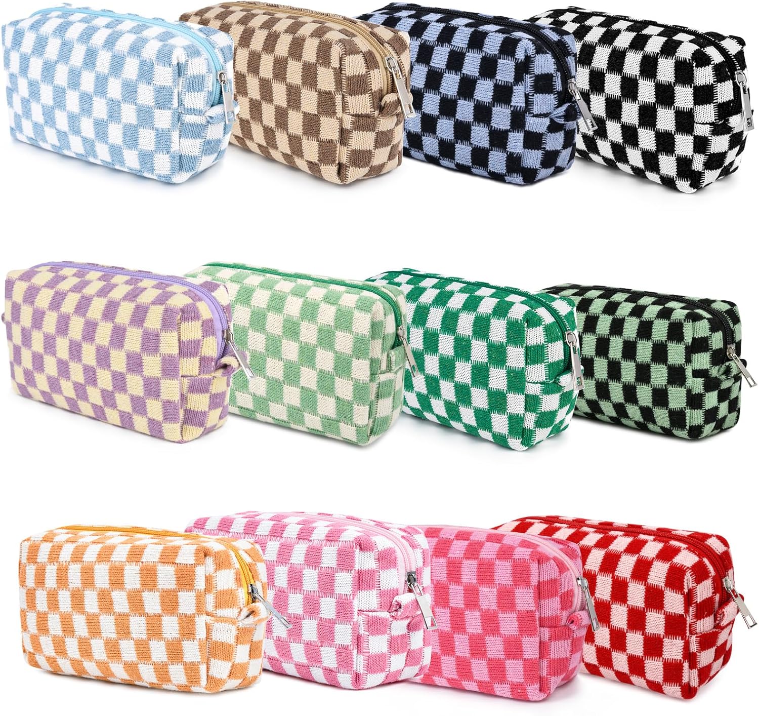 SOIDRAM 12PCS Checkered Makeup Bag Preppy Cosmetic Bag Bulk colorful Makeup Pouch Personalize Travel Toiletry Bag Organizer Cute DIY Makeup Brushes Storage Bag for Women