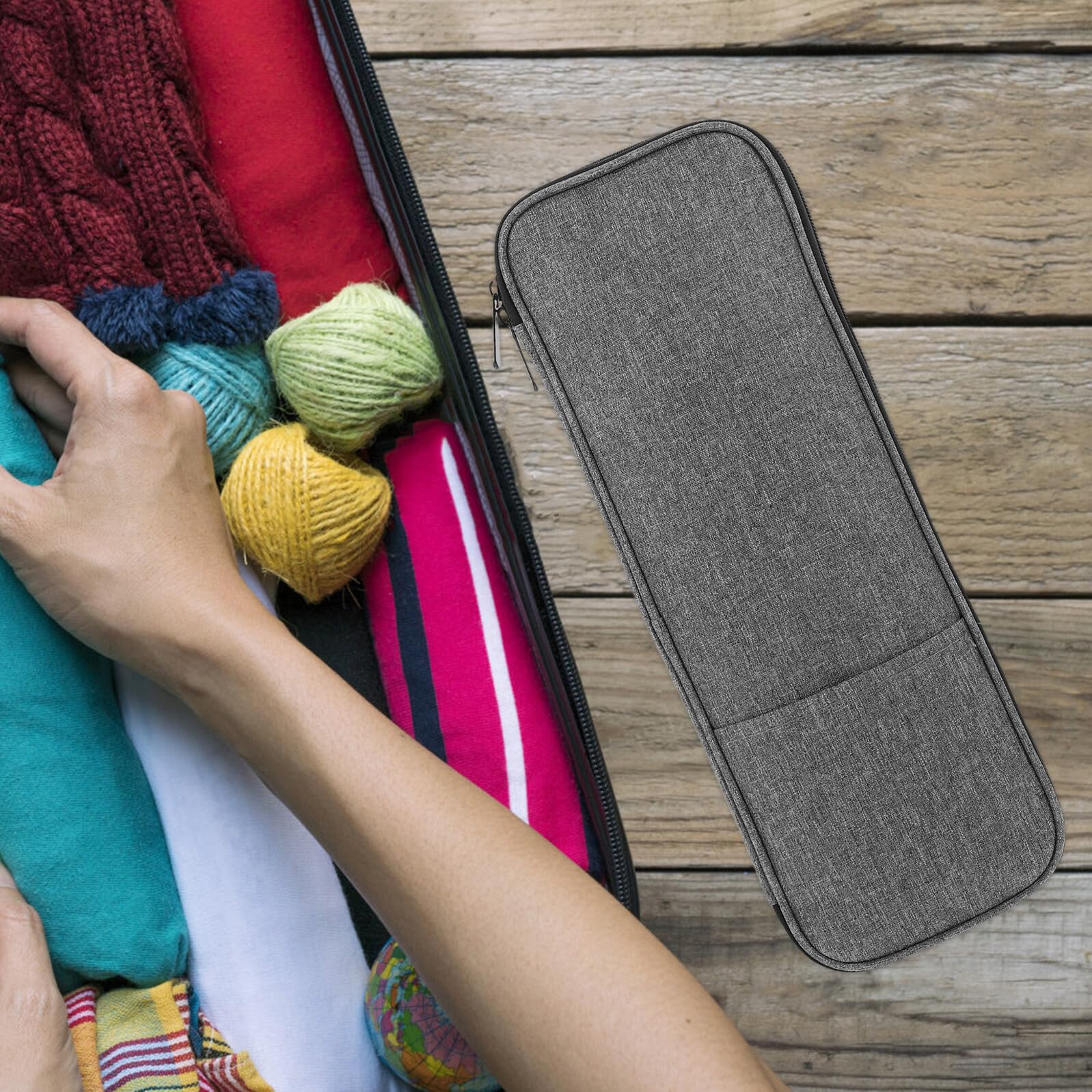 Estuche para Agujas de Crochet Portátil de Tela Oxford Gris, Organizador Multifuncional para Manualidades y Costura, Bolsa Larga para Agujas de Tejer de 35 Cm, Almacenamiento