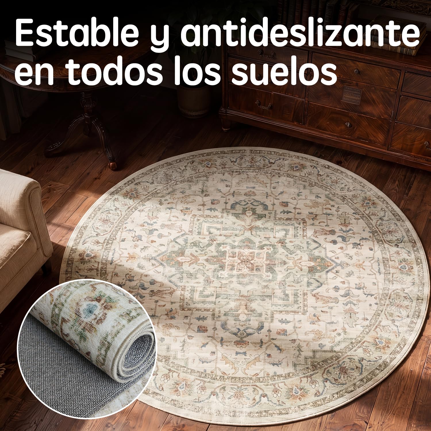 Alfombra Salon Vintage Verde Claro ⌀120 cm, Lavable a Máquina | Alfombras de Área con Base Antideslizante, Ideal para Cocina, Comedor y Estudio