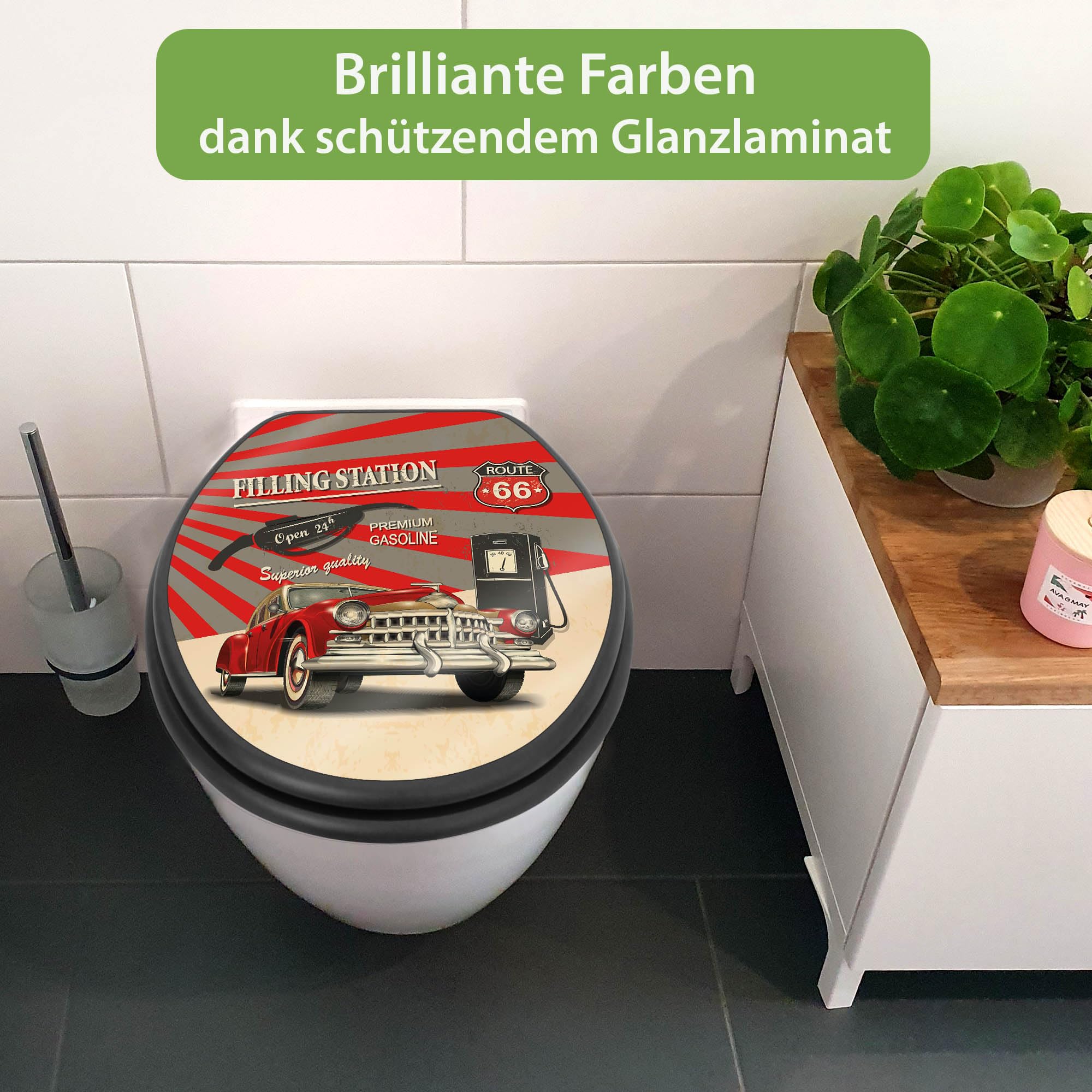 banjado WC Sitz Fahrzeuge - Absenkautomatik leise - 38 x 46,5cm O-Form - MDF Holz Toilettendeckel anthrazit - Klositz grau pflegeleicht - SoftClose - Motiv Filling Station