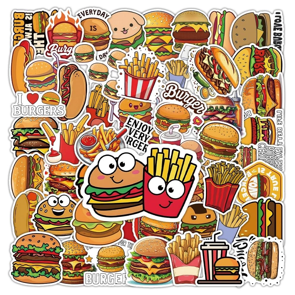 50 PCS Funny Hamburger Stickers,Cute Fast Food Sticker Pack Vinyl Skateboard Guitar Door Laptop Luggage Car Bike Water Bottle Birthday Party Supplies Teens Boys and Girls Decals