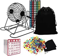 Vista 9 de Yuanhe Juego de Bingo de Lujo - Incluye Jaula Rotatoria de Metal de 8" con Bolsa de Almacenamiento Grande, 1000 Fichas Coloridas, 100 Tarjetas