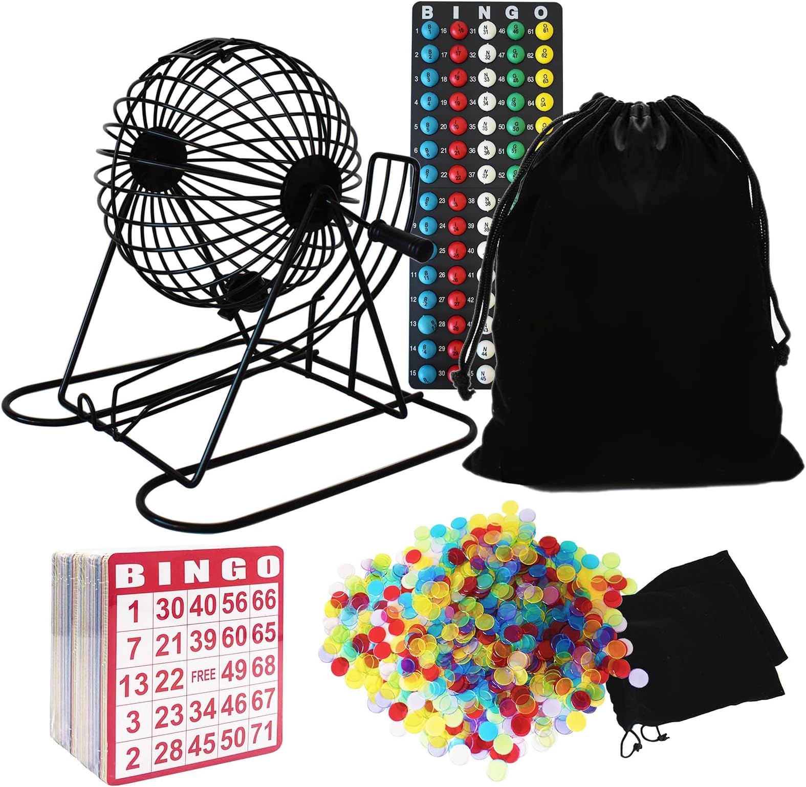 Yuanhe Complete Bingo Game Set - Includes 8" Metal Round Cage with Big Storage Bag,100 Bingo Cards,1000 Colorful Chips,75 Colored Balls and Masterboard, Ideal for Large Groups