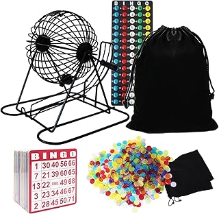 Yuanhe Complete Bingo Game Set - Includes 8" Metal Round Cage with Big Storage Bag,100 Bingo Cards,1000 Colorful Chips,75 Colored Balls and Masterboard, Ideal for Large Groups