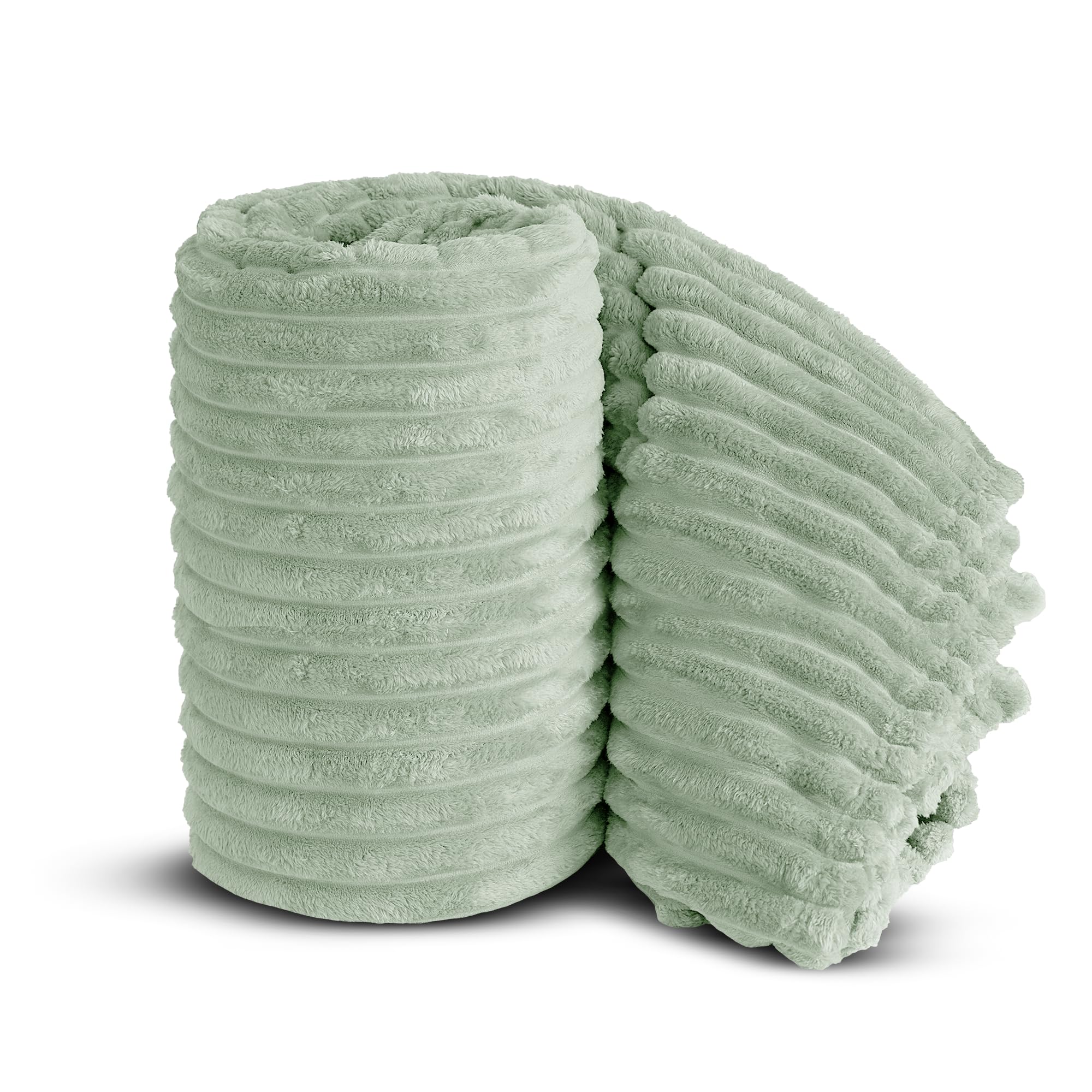 Velosso Chunky Ribbed Thick Super Soft Faux Fur Mink Ribbed Cord Blanket Bed Throwover Sofa Lounge Throw Blanket (Sage, 200 x 240cms) — image 1
