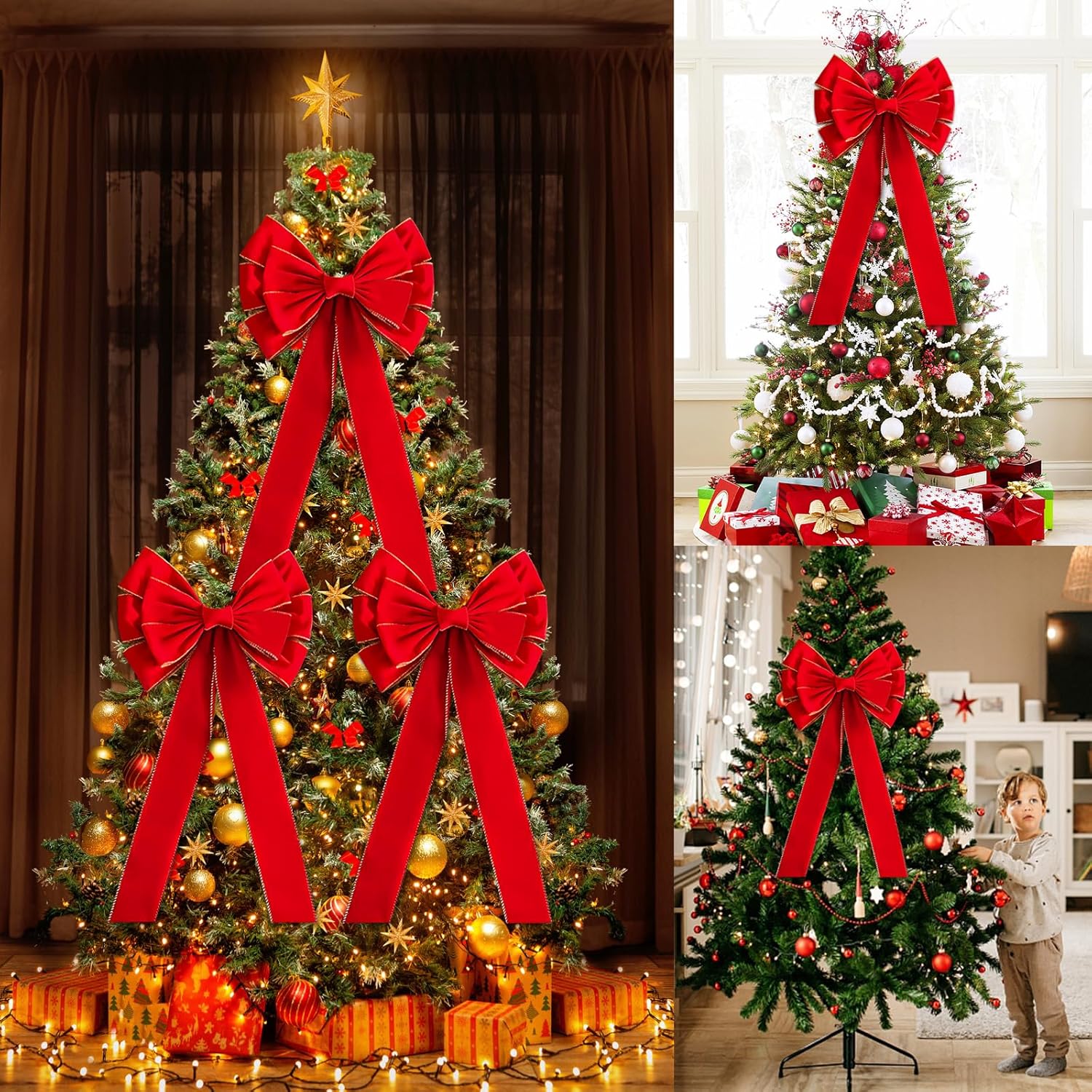 Red Christmas Large Velvet Bows: 36" x 18" Golden Edged Velvet Bow - Christmas Tree Topper Ornament Bow for Christmas Tree Wreath Door and Fireplace Decoration (6, Red)