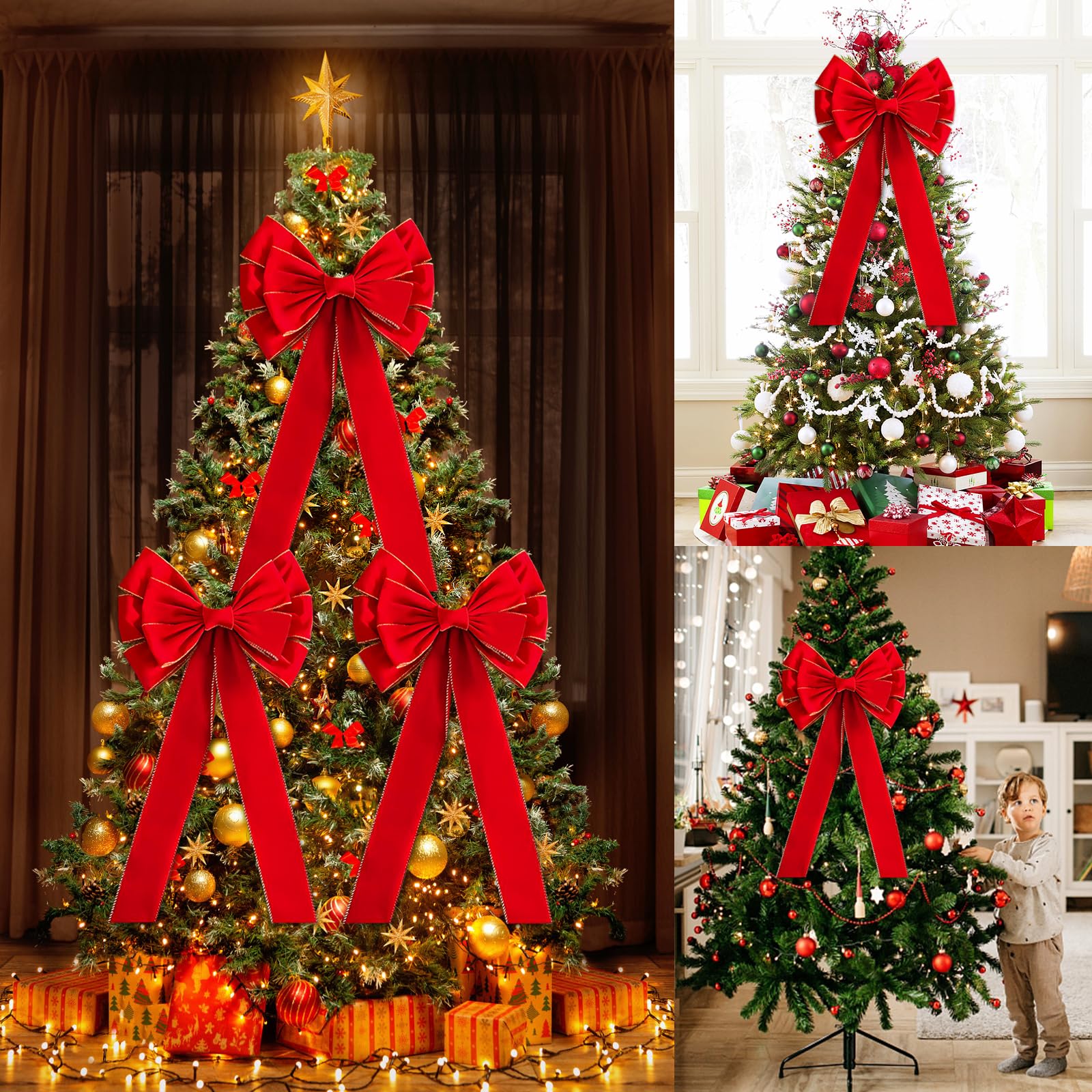 6X Weihnachtsschleifen Weihnachtsbaum Weihnachten Samtschleife: 90cm x 45cm Große Rote Schleifen für Weihnachtsbaum Weihnachtskranz Tür- und Kamin Haustürdekoration (6, Red)