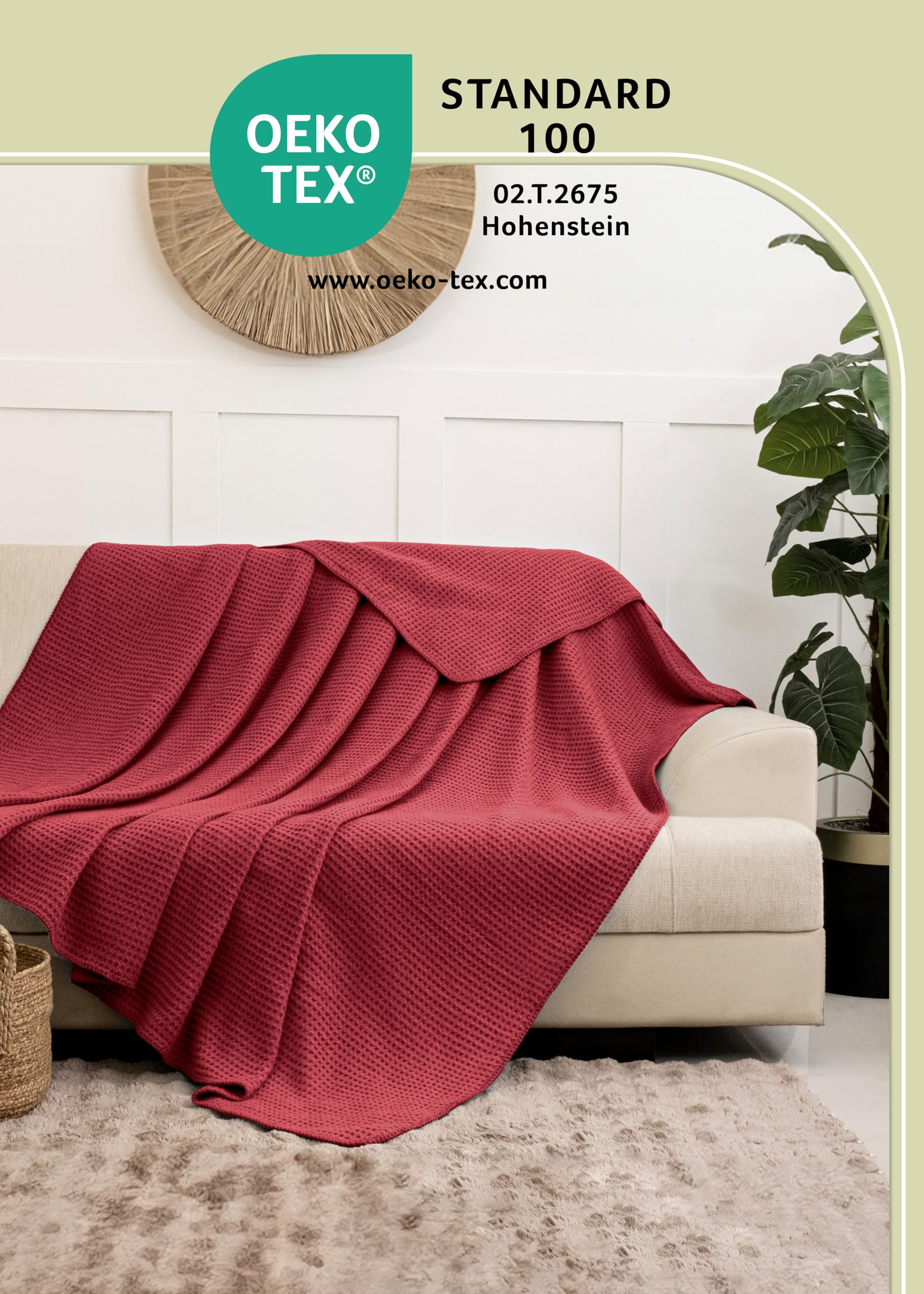 LAYNENBURG Couverture en Coton piqué gaufré Haut de Gamme 150x200 cm - Oeko-TEX 100 - Mélange de Coton Couverture Douillette - Plaid pour la Maison, Le canapé et Le Divan (Bordeaux)