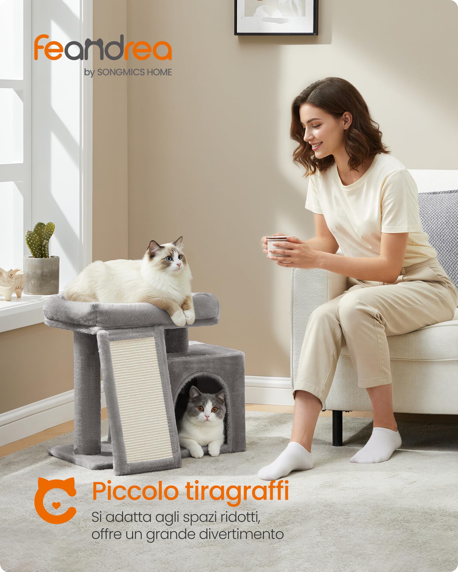 Feandrea Albero per Gatti Piccolo, Torre Tiragraffi per Gatti con Casetta, Rampa Graffiatoio Grande, Cuccia Superiore, Grotta, Alto 44,6 cm, Grigio Tortora PCT010GD01