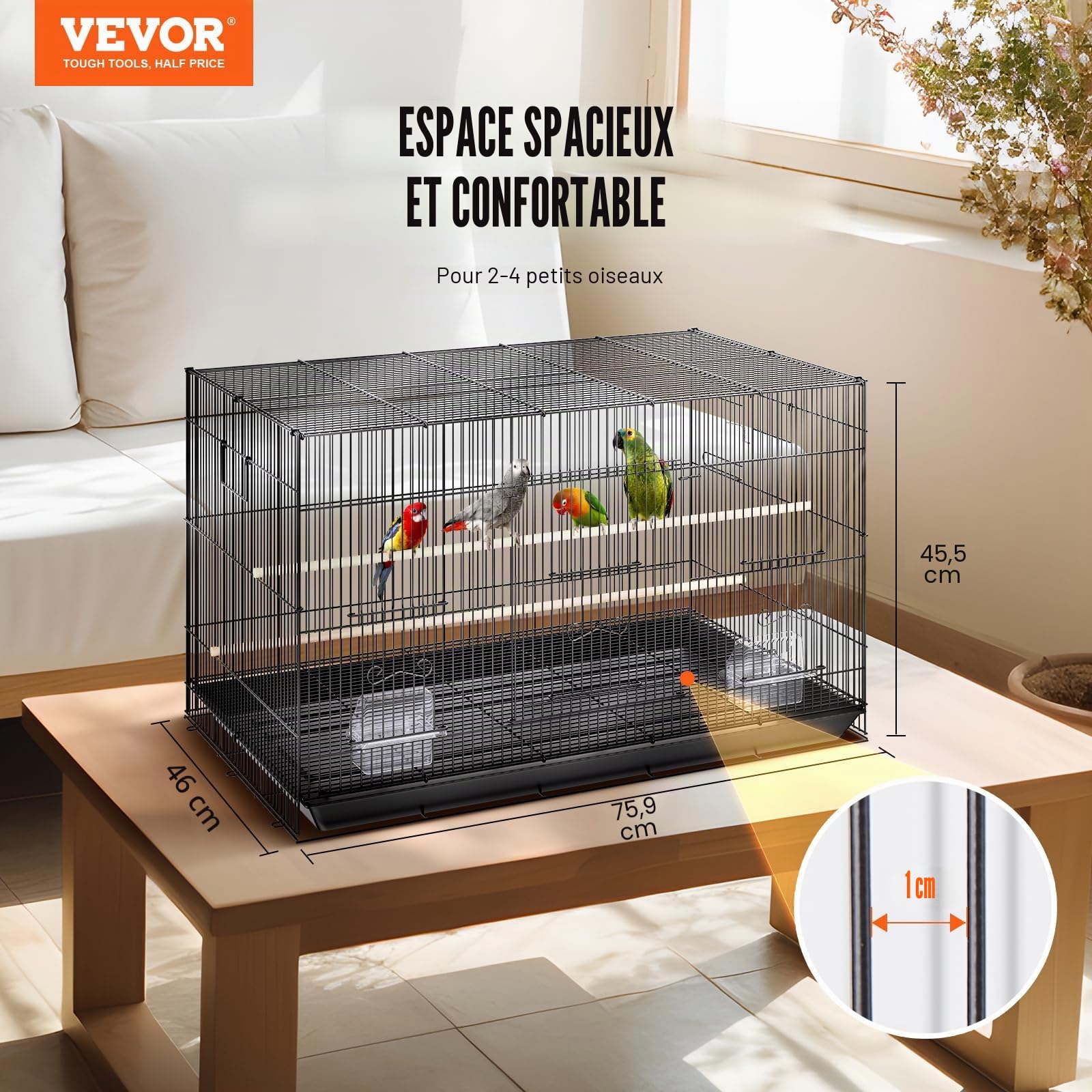 VEVOR Cage à Oiseau 76x46x45,5 cm Métal Portable Poignée Latérale Porte Sécurisée Plateau Détachable Perchoirs Mangeoires pour Perruches Calopsittes Perroquets