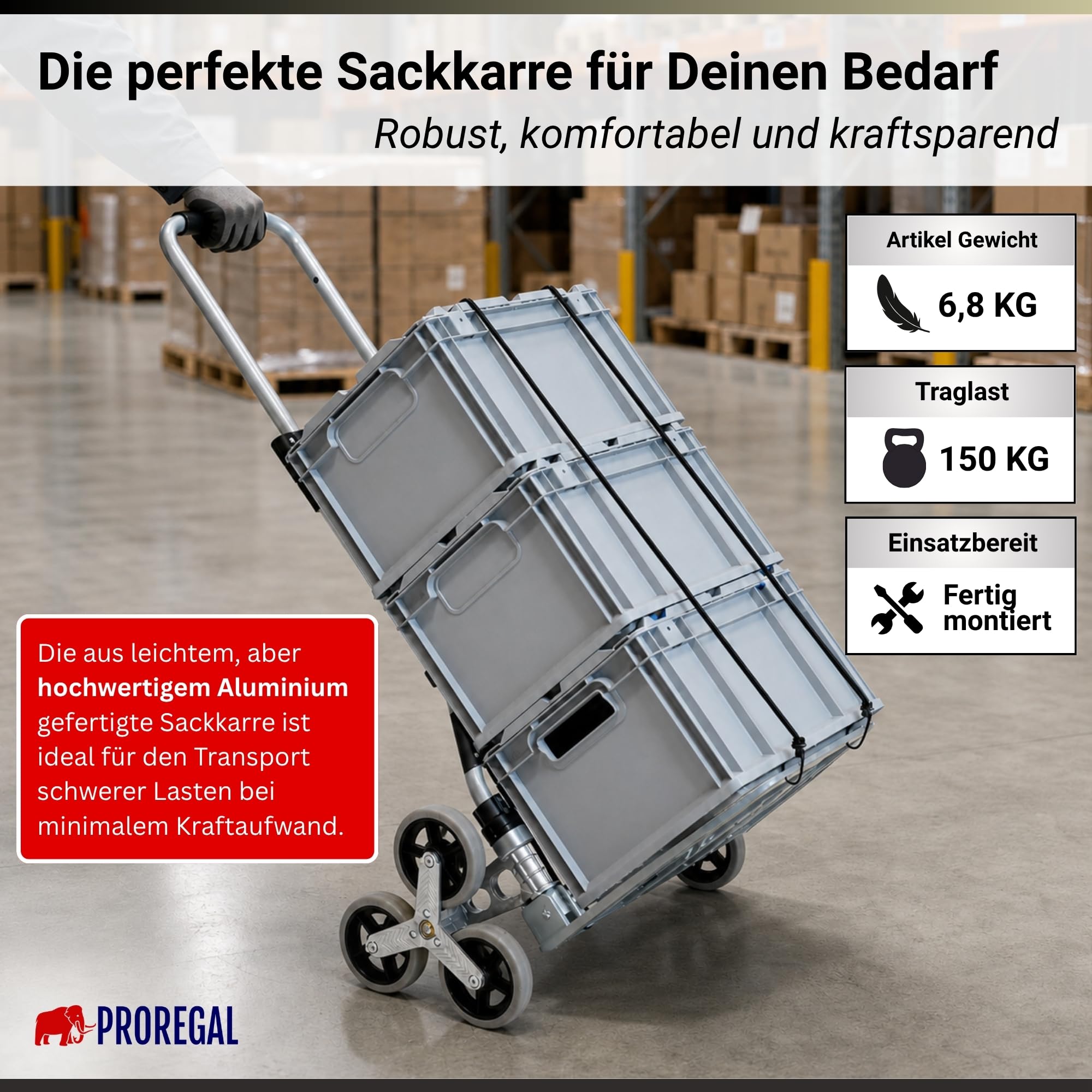 PROREGAL Klappbare Treppensackkarre Elephant | große Schaufel | Traglast 150kg | 6,8 kg leicht | Aluminium, Vollgummireifen Teleskopgriff 100 cm | Silber | Sackkarre Transportkarre für Treppen