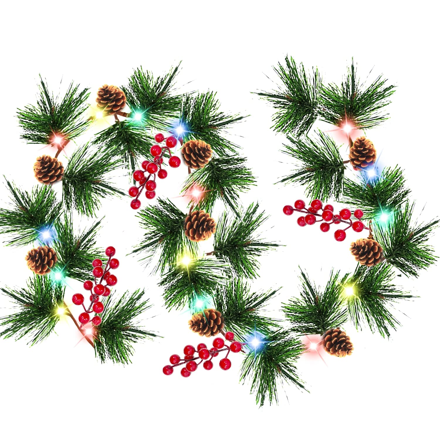 TURNMEON 10 Ft Prelit Christmas Garland 30 Lights Pine Needles Red Berries Pinecones Battery Operated Artificial Greenery Garland Holiday (Colorful)