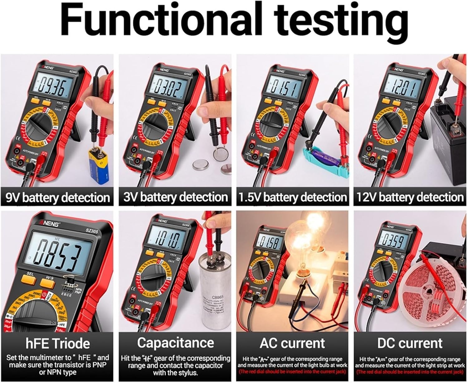 SZ305 1999 Count Professional Multimeter AC/DC Voltage Tester Ammeter Capacitor hFE Triode Hz Detector Electrician Tool(SZ305 Red Pro)