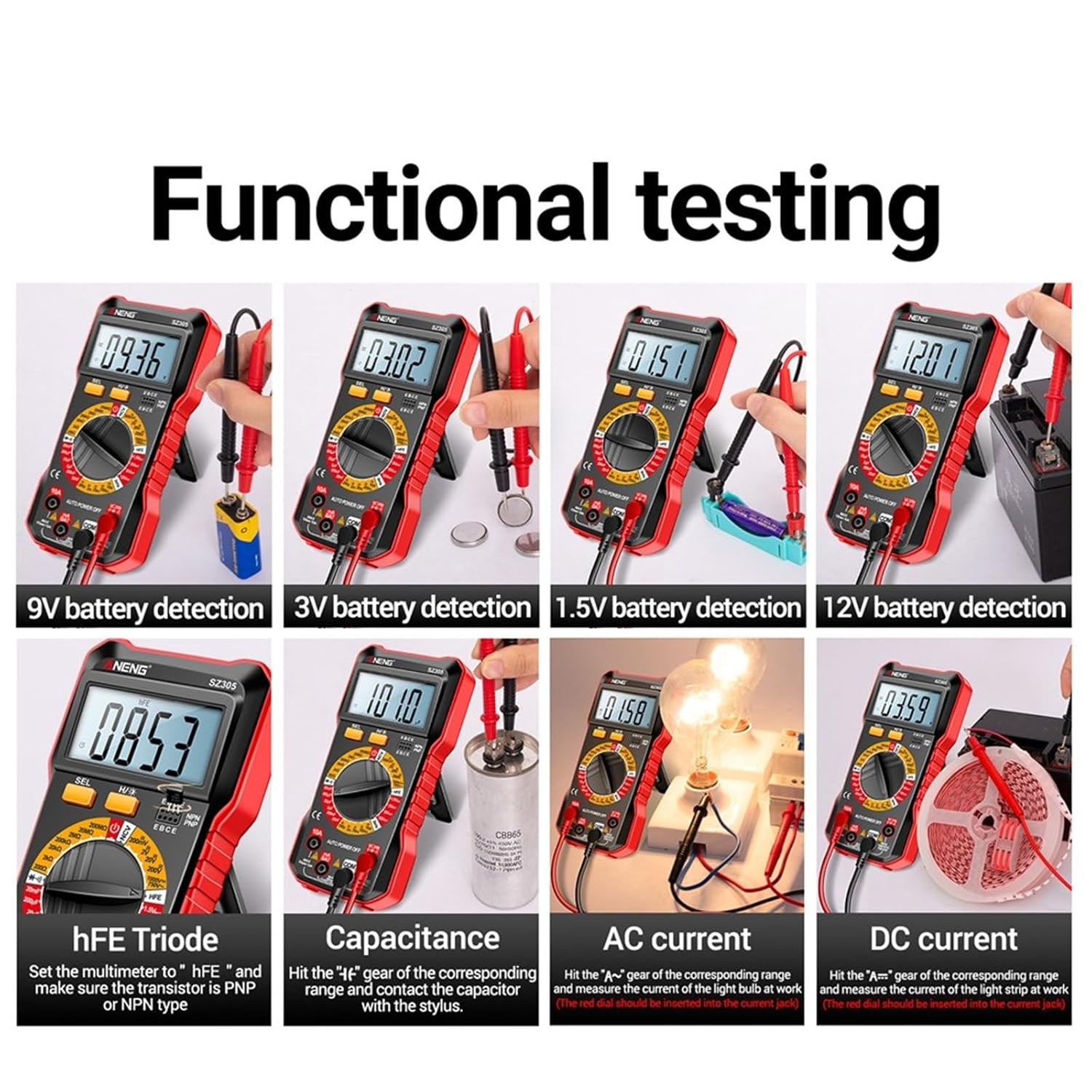 SZ305 1999 Count Professional Multimeter AC/DC Voltage Tester Ammeter Capacitor hFE Triode Hz Detector Electrician Tool(SZ305 Red Pro)