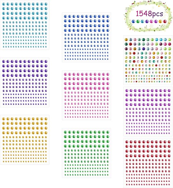 CHALA 9 Sheets 1548pcs Colorful Self-adhesive Rhinestones,Crystal Face Gems Diamond Jewels Sticker for DIY Nail Crafts Eye Body Makeup Wedding Decoration (3mm,4mm,6mm,9 Colors)