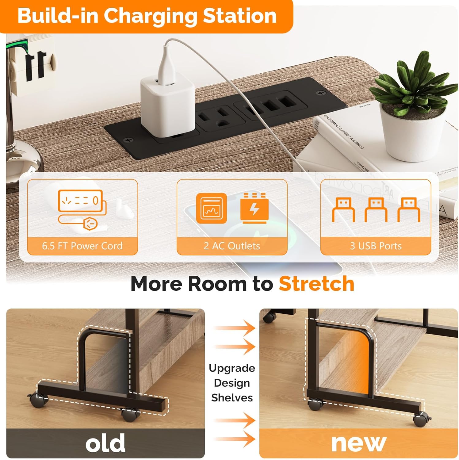 FCH 31.5" Mobile Small Standing Desk, Adjustable Height Mobile Computer Desk, w/2 AC Outlets + 3 USB Ports & Hooks, Storage Shelves, Suitable for Gaming, Studying, Home Office, Gray