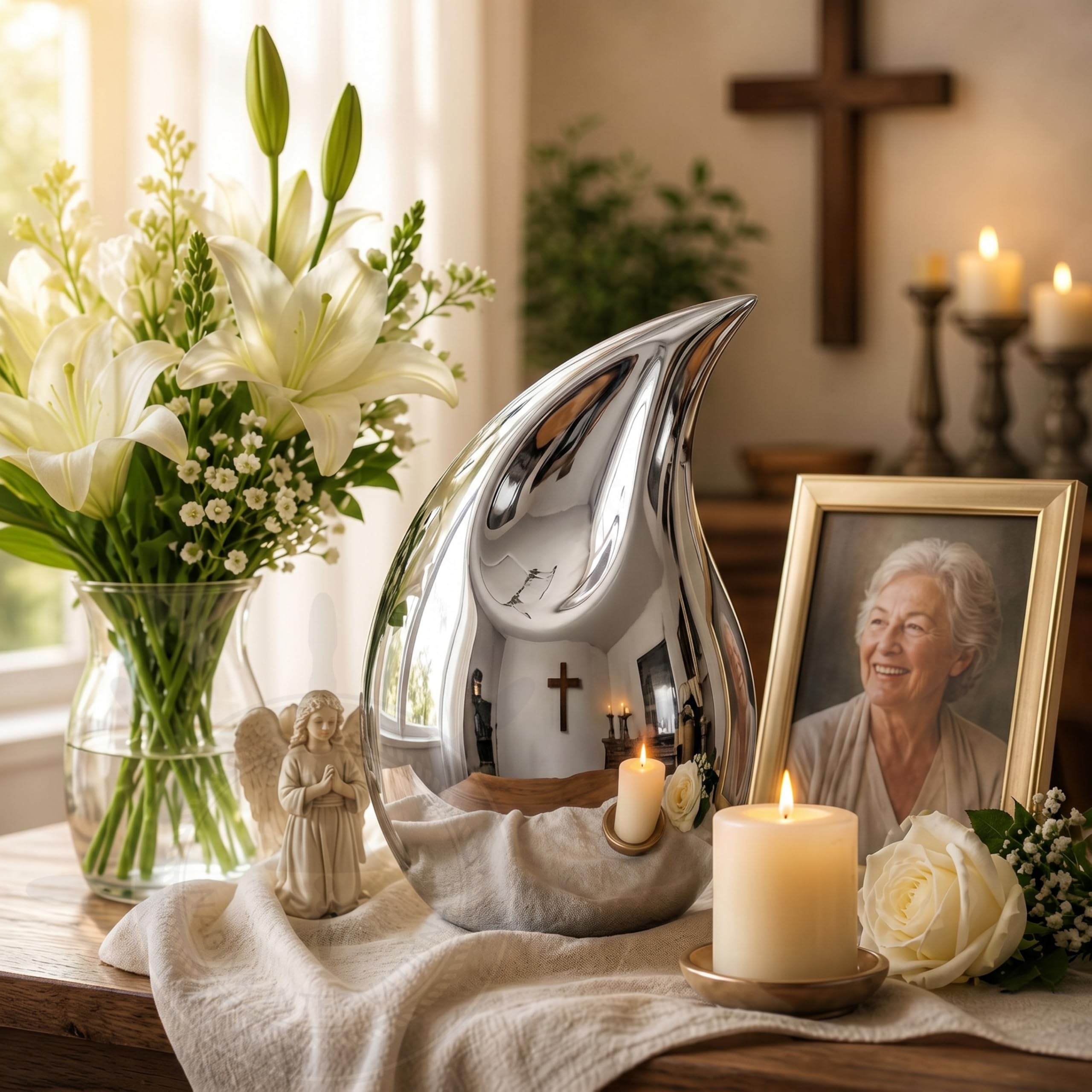 Teardrop Aluminum Funeral Ashes Urn for Adults and Pets | Cremation Metal Storage with Lid | Cremated Human Ash Remains Beautiful Design Urns (Nickel)