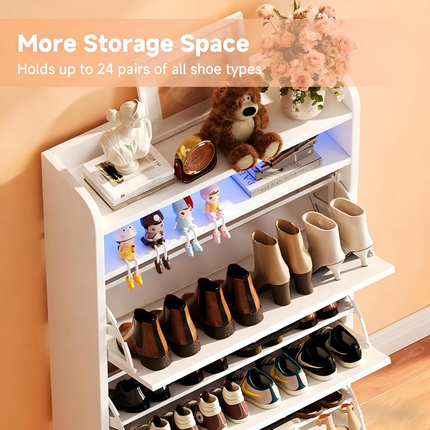 Shoe Cabinet with 3 Drawers,Wooden Shoe Rack with LED Lighting,Adjustable Shelves Shoe Cabinet for Entryway and Living Room (White)