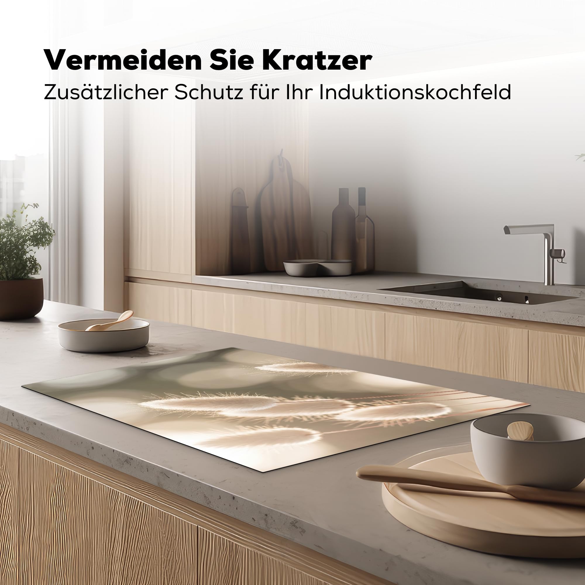KitchenYeah© Herdabdeckplatte 81x52 cm Induktion Schutzmatte Küche Herdabdeckung Ceranfeld Induktionsmatte Cerankochfeld Abdeckung Haselschwanzgras - Weiß - Sonnenlicht