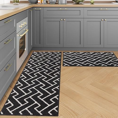 Miniatura 34 de hicorfe Juego de alfombras y tapetes de cocina, alfombra antideslizante de polipropileno súper absorbente, tapete suave y cómodo, lavable para Negro