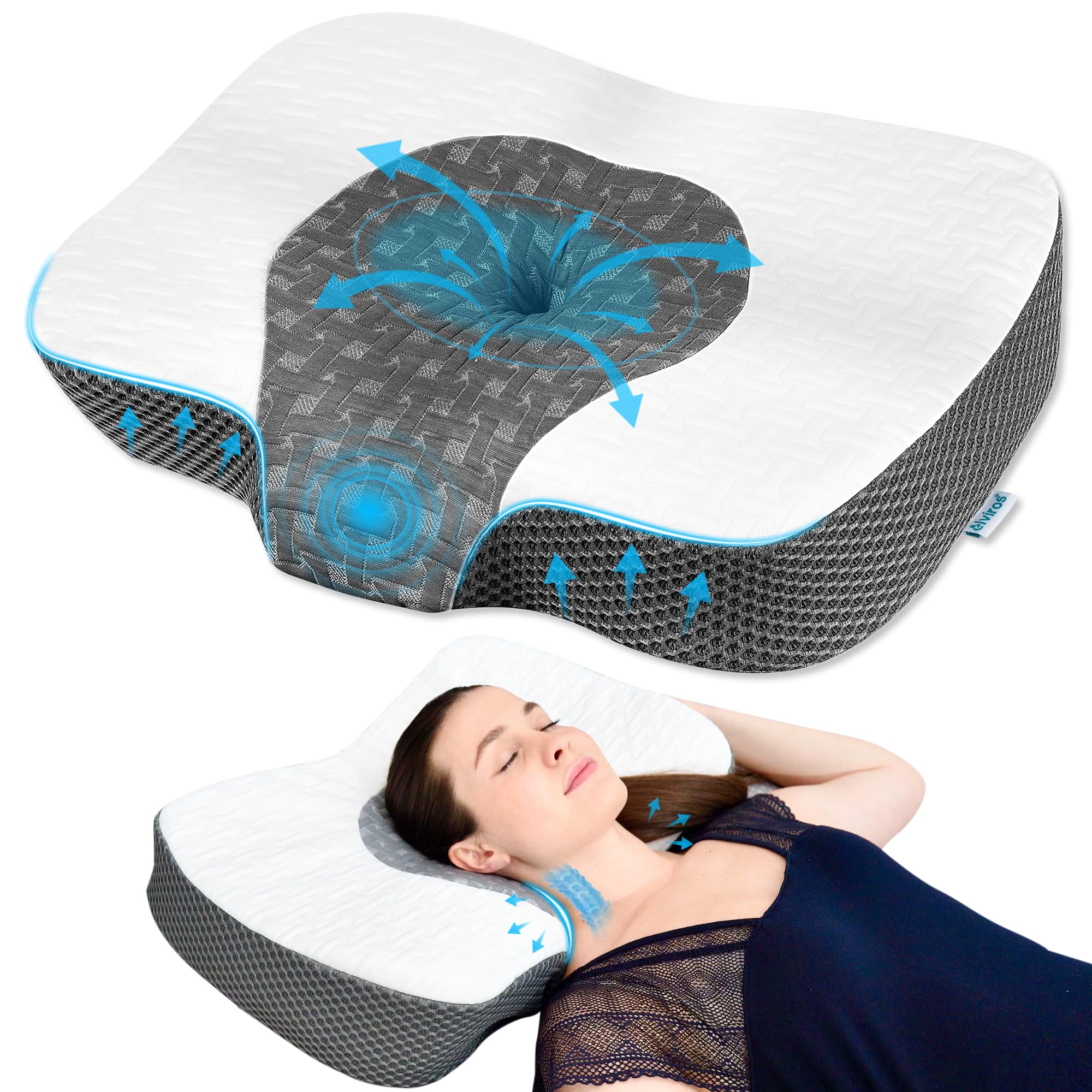 Elviros Cervical Neck Pillow for Neck and Shoulder Relief, Ergonomic Memory Foam Pillow for Side, Back and Stomach Sleepers, Adjustable Height Bed Pillow for Sleeping, White