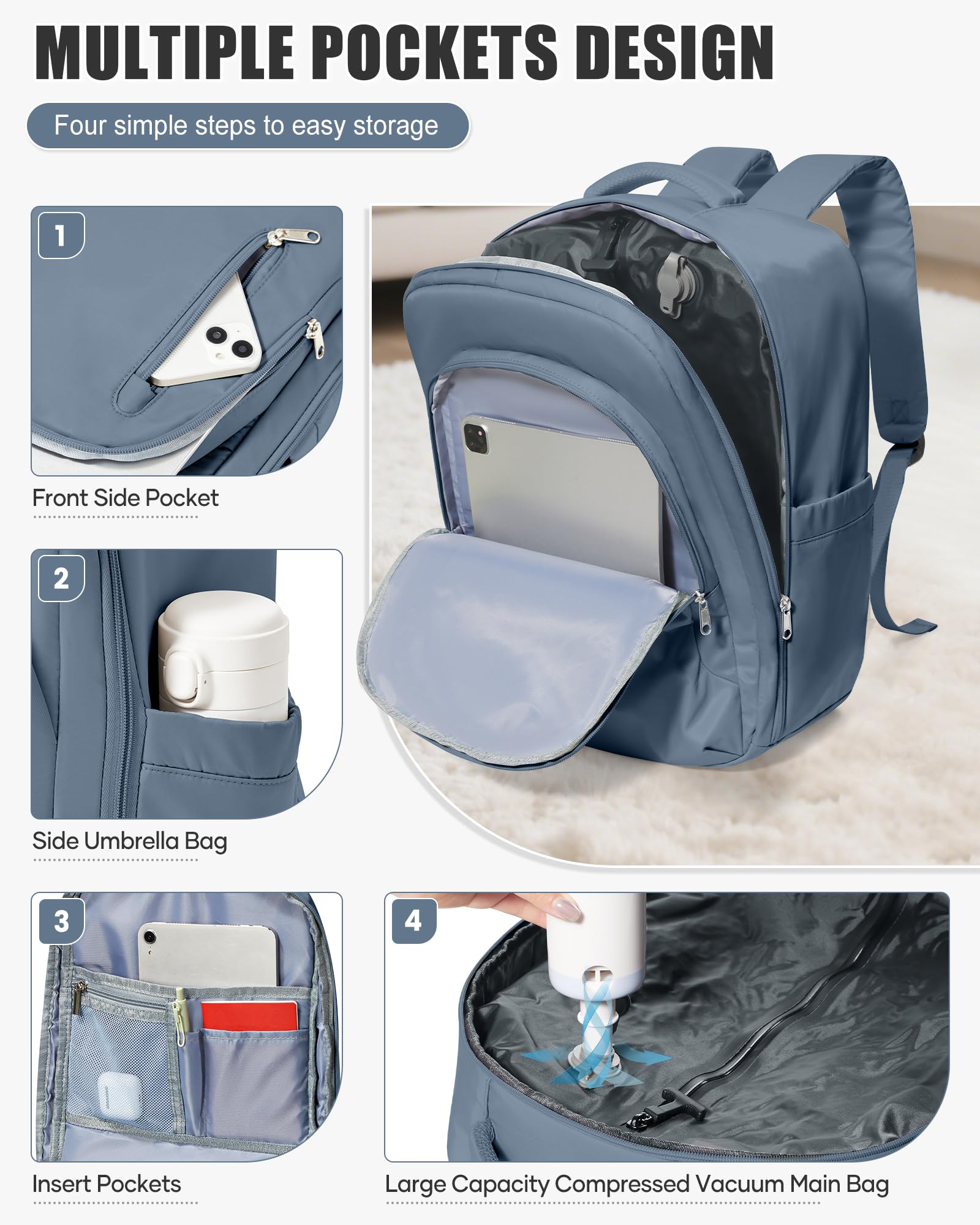 BJLFS Zaino Ryanair 40x30x20 Sottovuoto con Pompa Zaino da Viaggio Ryanair 40x20x25 Borse da Cabina per Wizzair Bagaglio a mano Easyjet 45x36x20 Sottovuoto Zaino Casual per Laptop Blu reale
