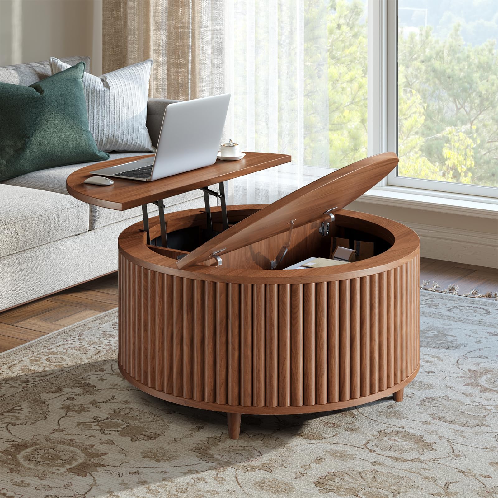 Evermagin 31.5'' Walnut Round Coffee Table, Fluted Lift Top Coffee Table with Large Storage, Mid Century Modern Small Center Table for Living Room