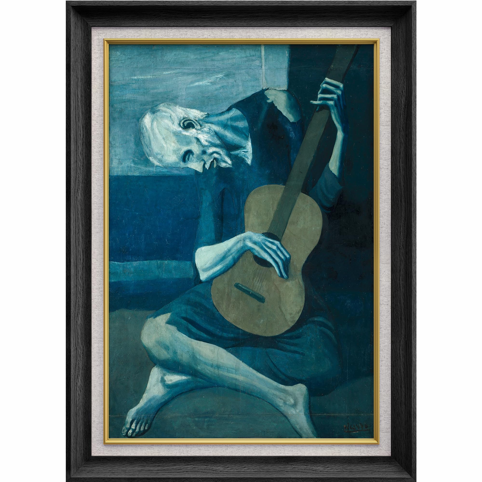 MUDECOR Premium Framed Wall Art The Old Guitarist by Pablo Picasso Cultural People Oil Painting Fine Art Traditional Dramatic Multicolor Ultra for