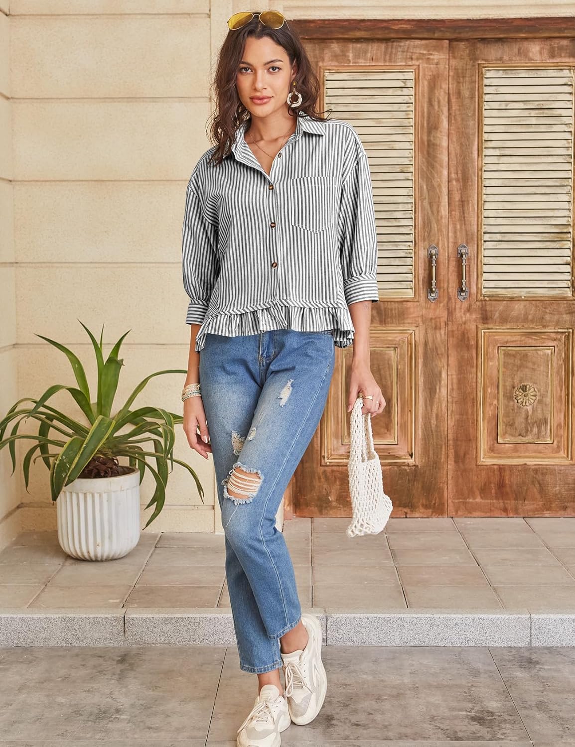 COZYPOIN Womens Striped Button Down Cotton Shirts Cropped Ruffle Hem 3/4 Sleeve Casual Collared Blouses Office Work Tops - Image 7