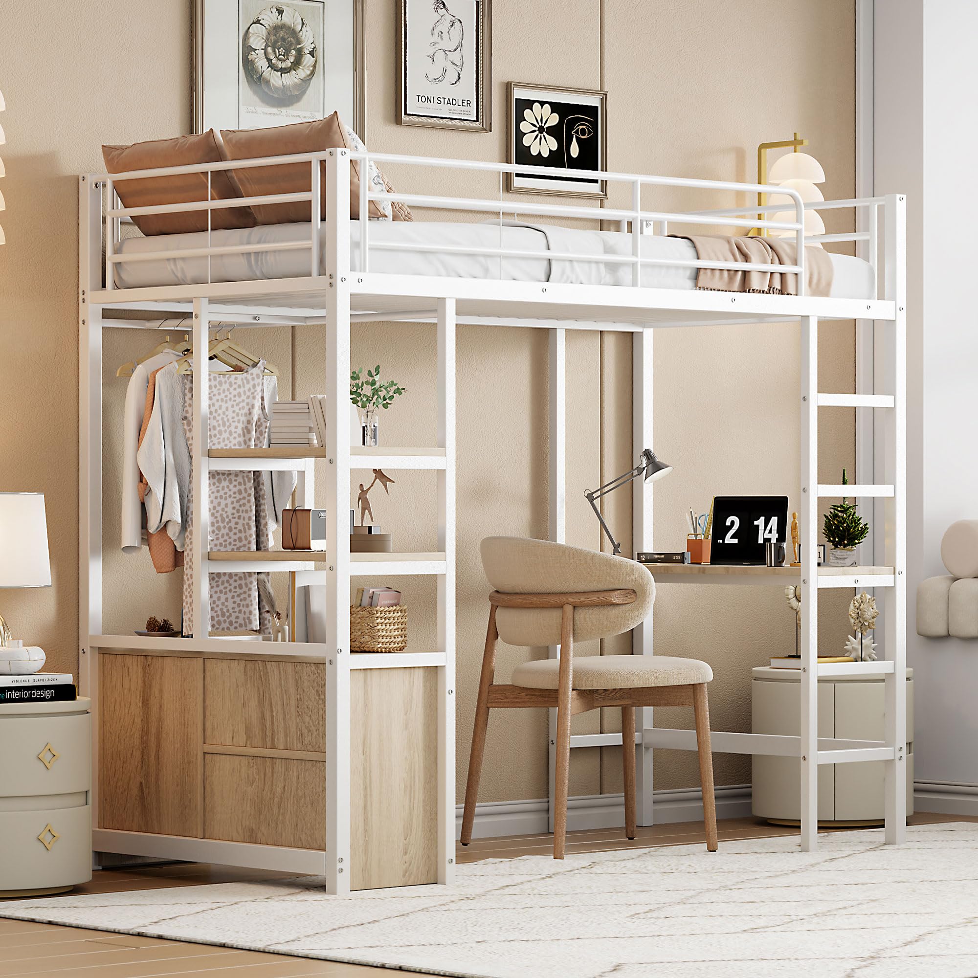 Azkoeesy Cama alta de metal con escritorio, 90 x 200 cm, multifunción, cama individual, cama juvenil, con barra de ropa, estante de almacenamiento, enchufe, color blanco