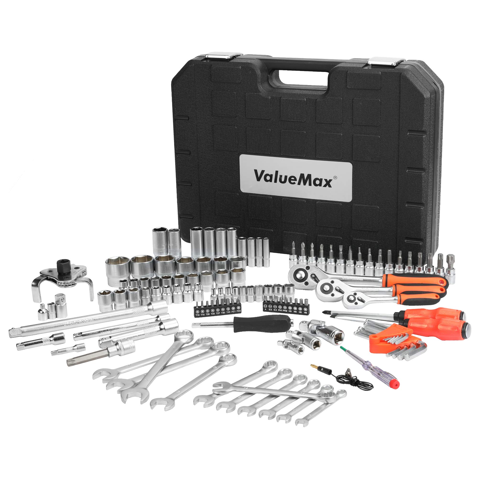 ValueMax Set di Chiavi a Bussola con Cricchetto 122 Pezzi, Custodia Portatile, Maniglia Girevole, Barra di Prolunga, Kit di Attrezzi Meccanici per Auto