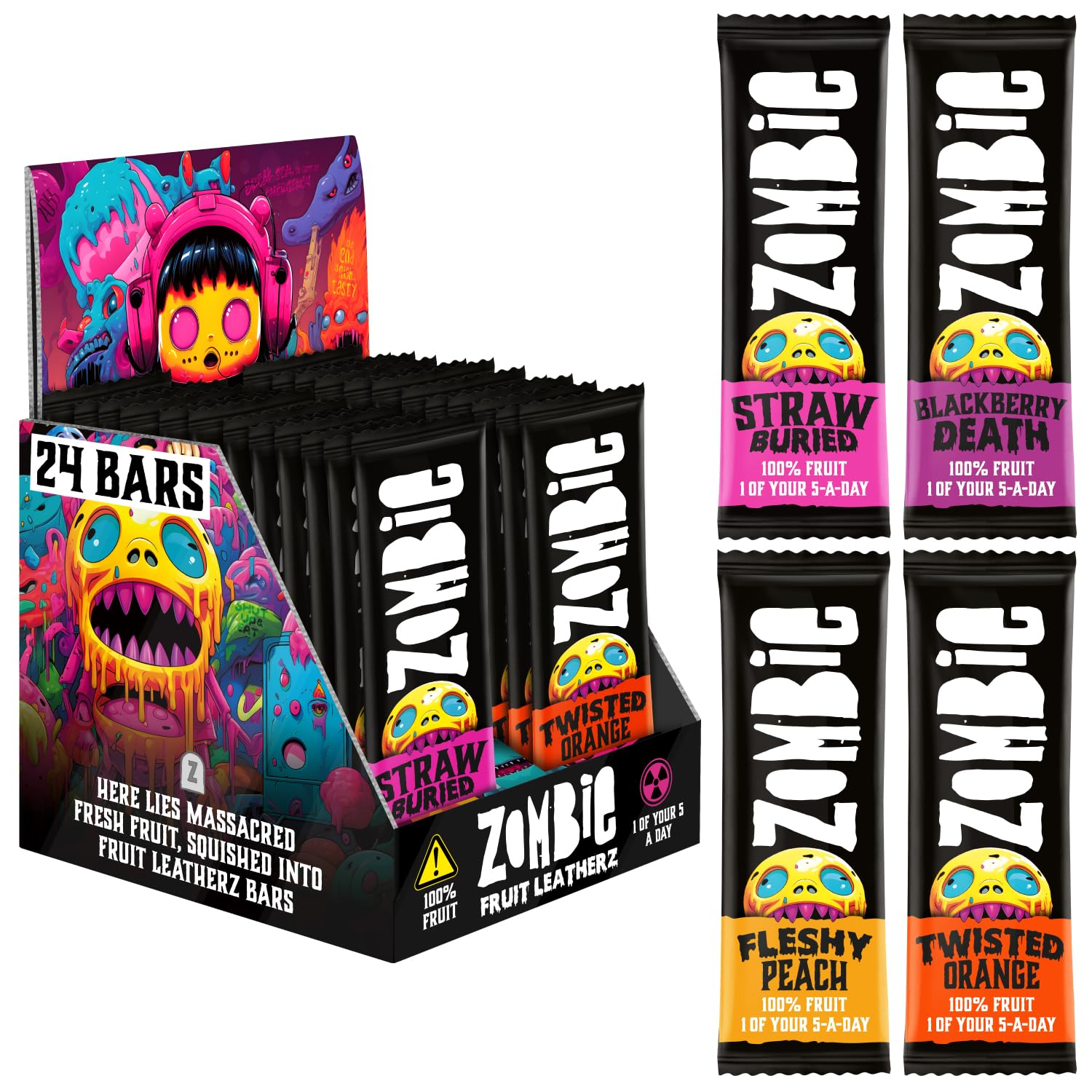 Zombie Fruit Bars, Variety Box (24 Bars, 4 Flavours), 100% Dried Fruit, Healthy Snacks, Adults, Kids, Halloween Trick or Treat, Low Calorie, Gluten Free, Vegan, Halal, Bulk, Real Fruit, No Added SugarClimatePartner certified