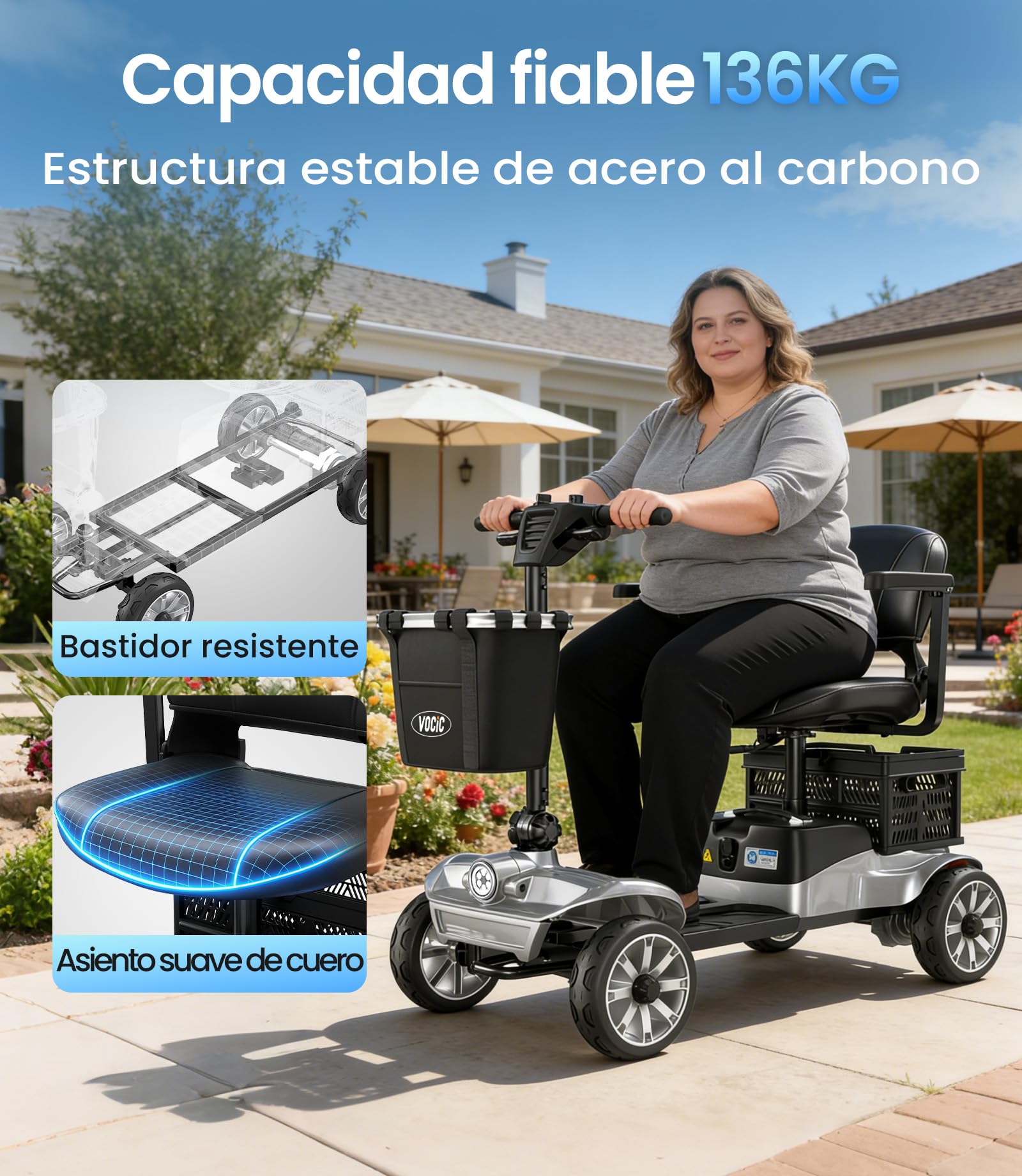 VOCIC D35 Scooter eléctrico Plegable 35km, Doble Cesta 40L, Capacidad 136kg | ruedas de 20 cm, asiento ergonómico ajustable, batería extraíble, ideal para personas mayores (Gris Plateado)