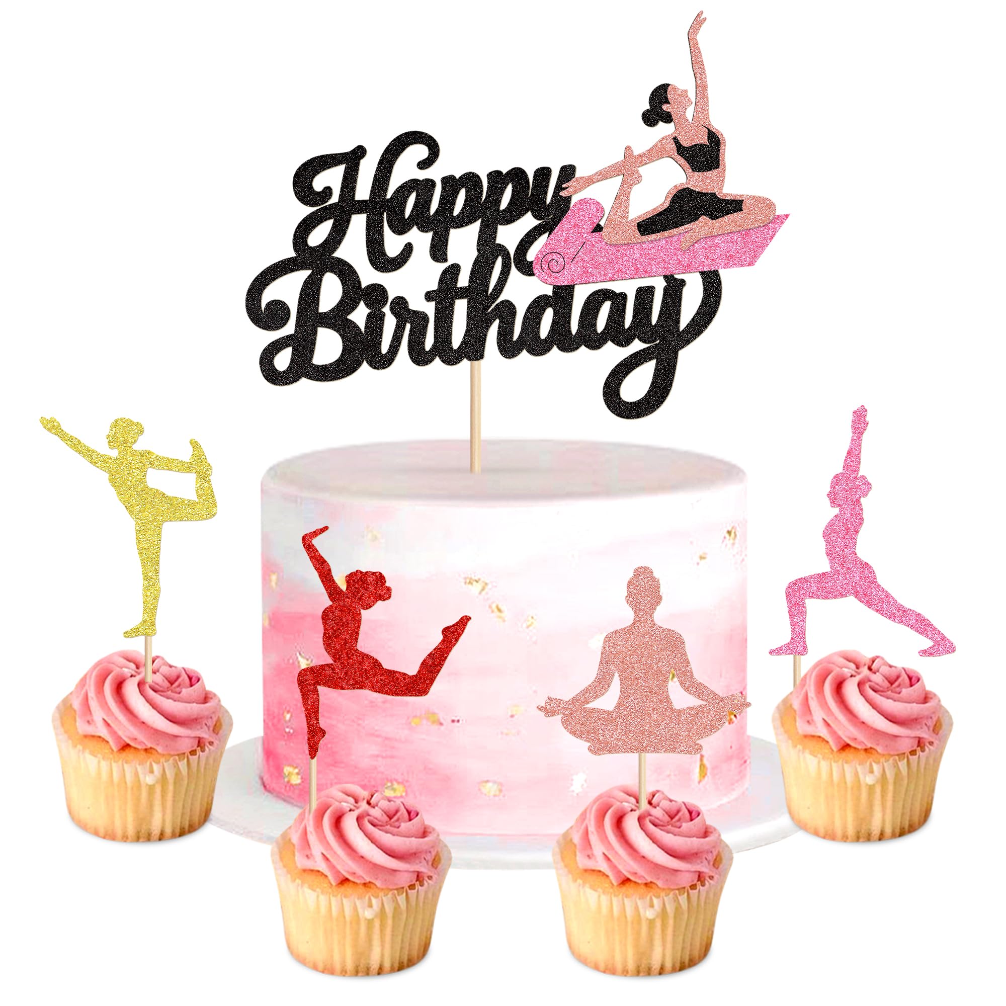 Pack of 25 Yoga Happy Birthday Cake Toppers, Glitter Colourful Yoga Meditation Cake Toppers for Yoga Lovers, Women Birthday Cake Decoration Party Decoration — image 1