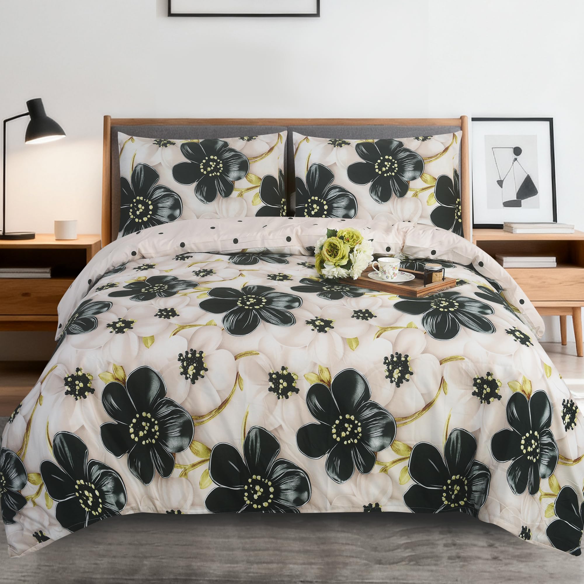 CHARKHAH 4 Piece Reversible Printed Bedding Set Includes 1 Duvet Cover, 1 Deep Fitted Sheet & 2 Pillowcases – Soft Microfibre Easy Care Quilt Cover Set for All Seasons (MIDNIGHT-BLOOM, Single) — image 1