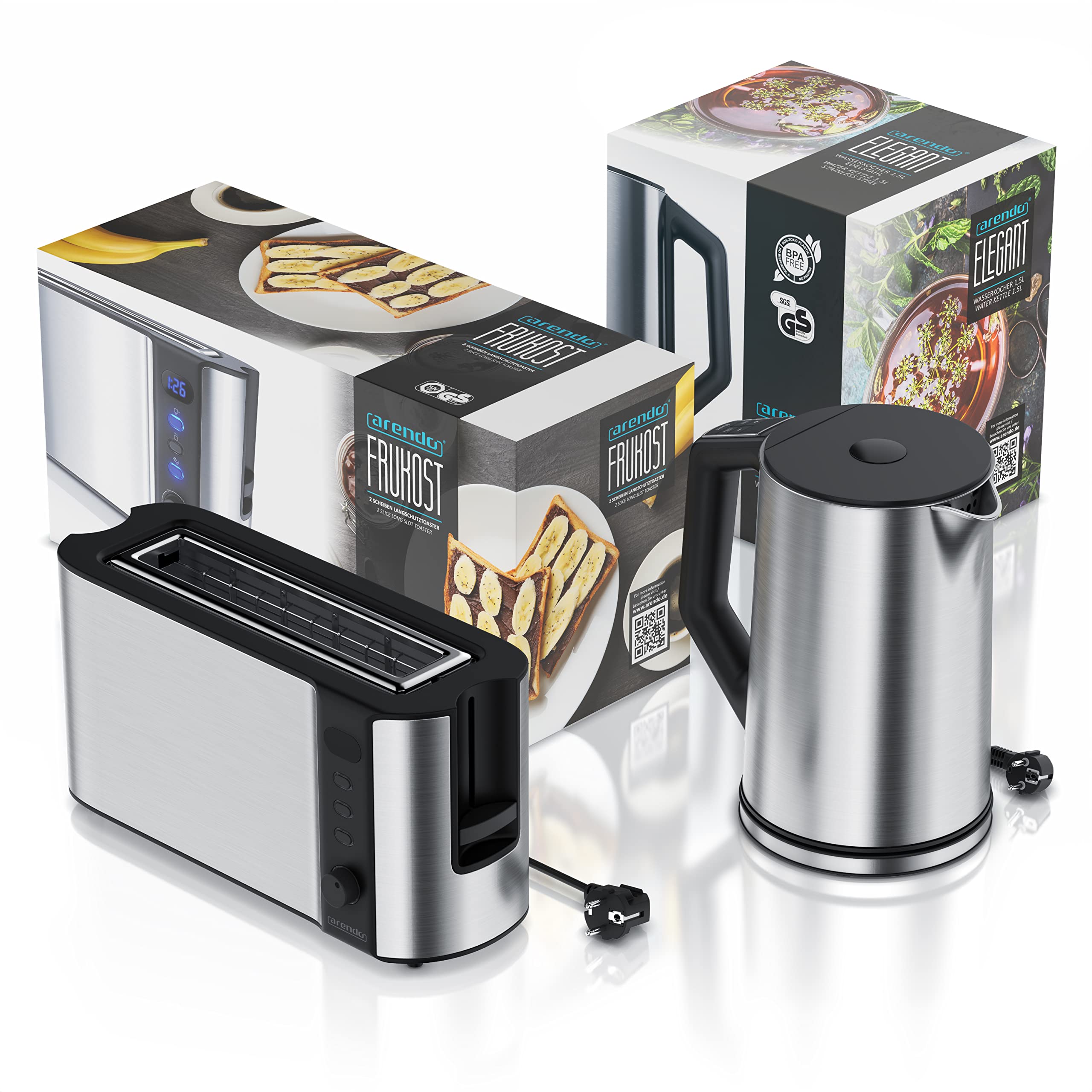 arendo Wasserkocher + rendo Edelstahl Langschlitztoaster Hervidor de Agua tostadora de Ranura Larga, Acero Inoxidable Plateado