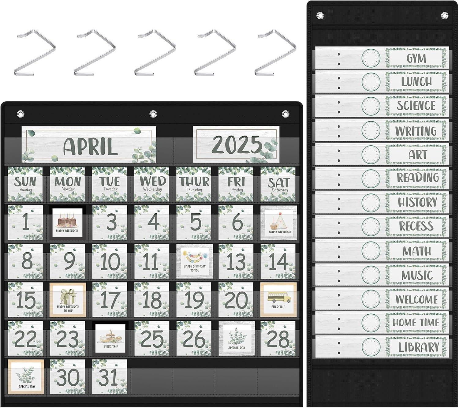 Ctosree 2 Pcs Classroom Monthly Calendar Pocket Chart with 71 Daily Schedule Pocket Chart Cards with 26 Double Sided Reusable Cards for Homeschool Preschool(Greenery)