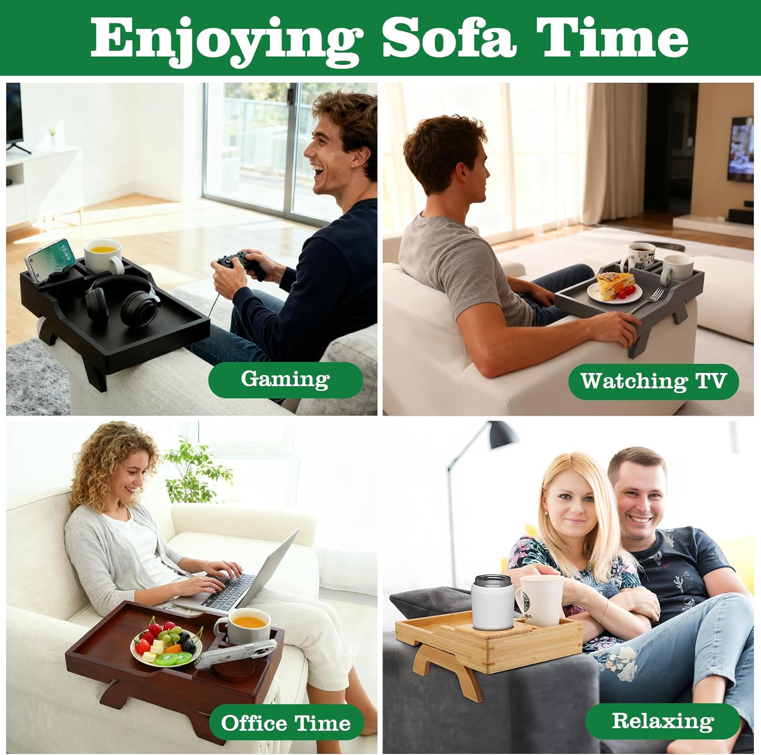 Couch Cup Holder, 4-in-1 Side Couch Arm Tray with Phone Holder, Sofa Clip on Side Table for Wide Couches Arm, Suitable for Home Drinks/Remote/Snacks-Grey