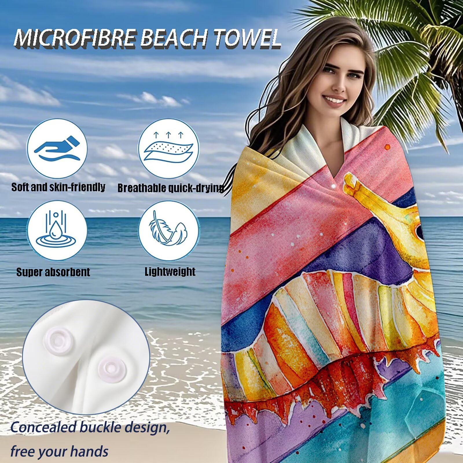 Serviette de Plage XXL 100x200 cm,Hippocampe Serviette Plage Microfibre avec Séchage Rapide, Anti-Sable, Absorbante Fonction Design pour Vacances Piscine Pique-Nique Voyages Yoga, Cadeau Femme Q-686